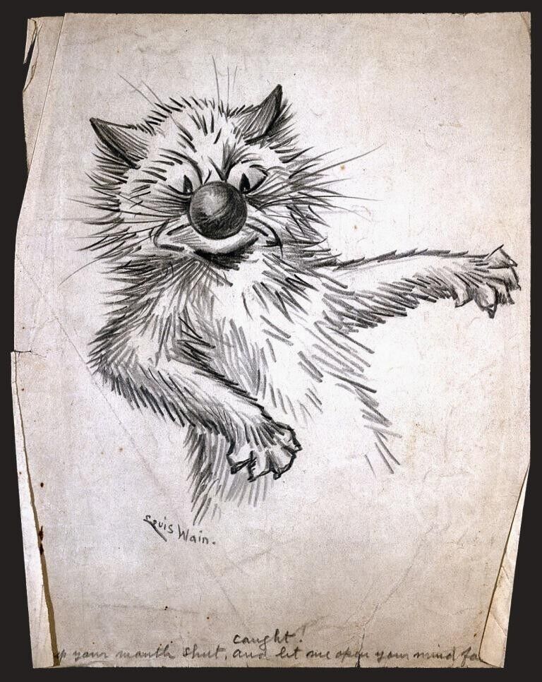 Caught  Cat Drawing :  Louis Wain : 1879 : Art Print to Frame