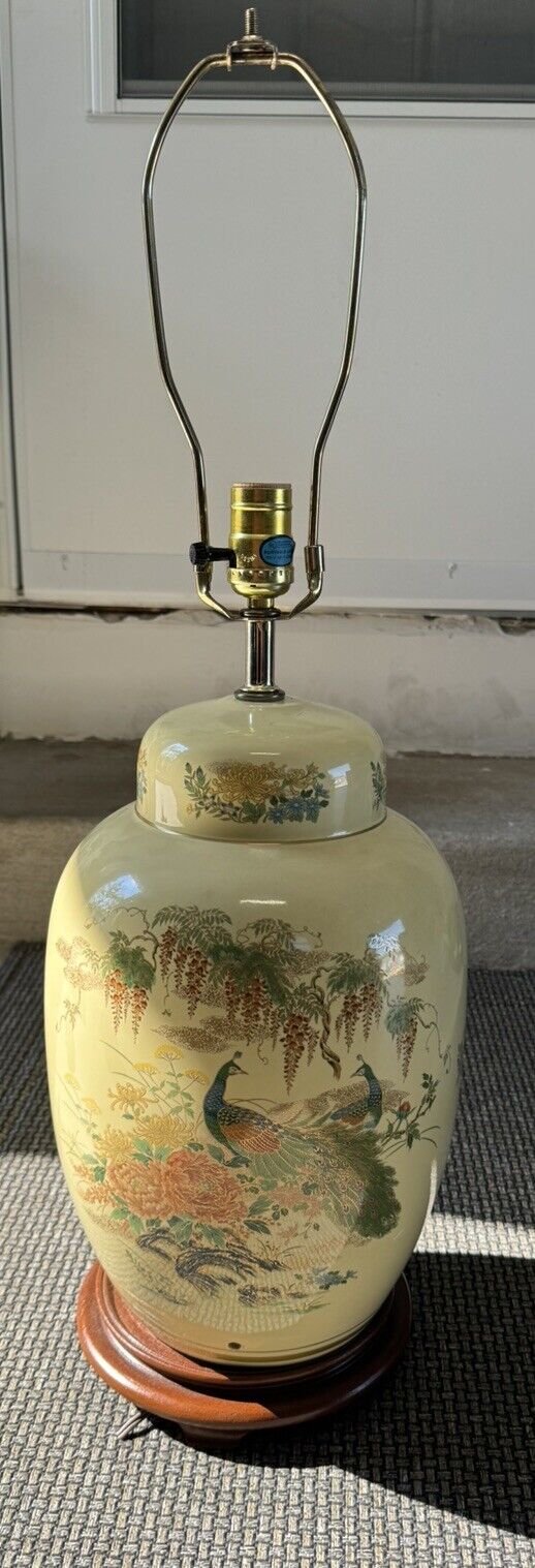 Vintage Ceramic Peacock Table Lamp Ginger-jar Asian Oriental Display Only