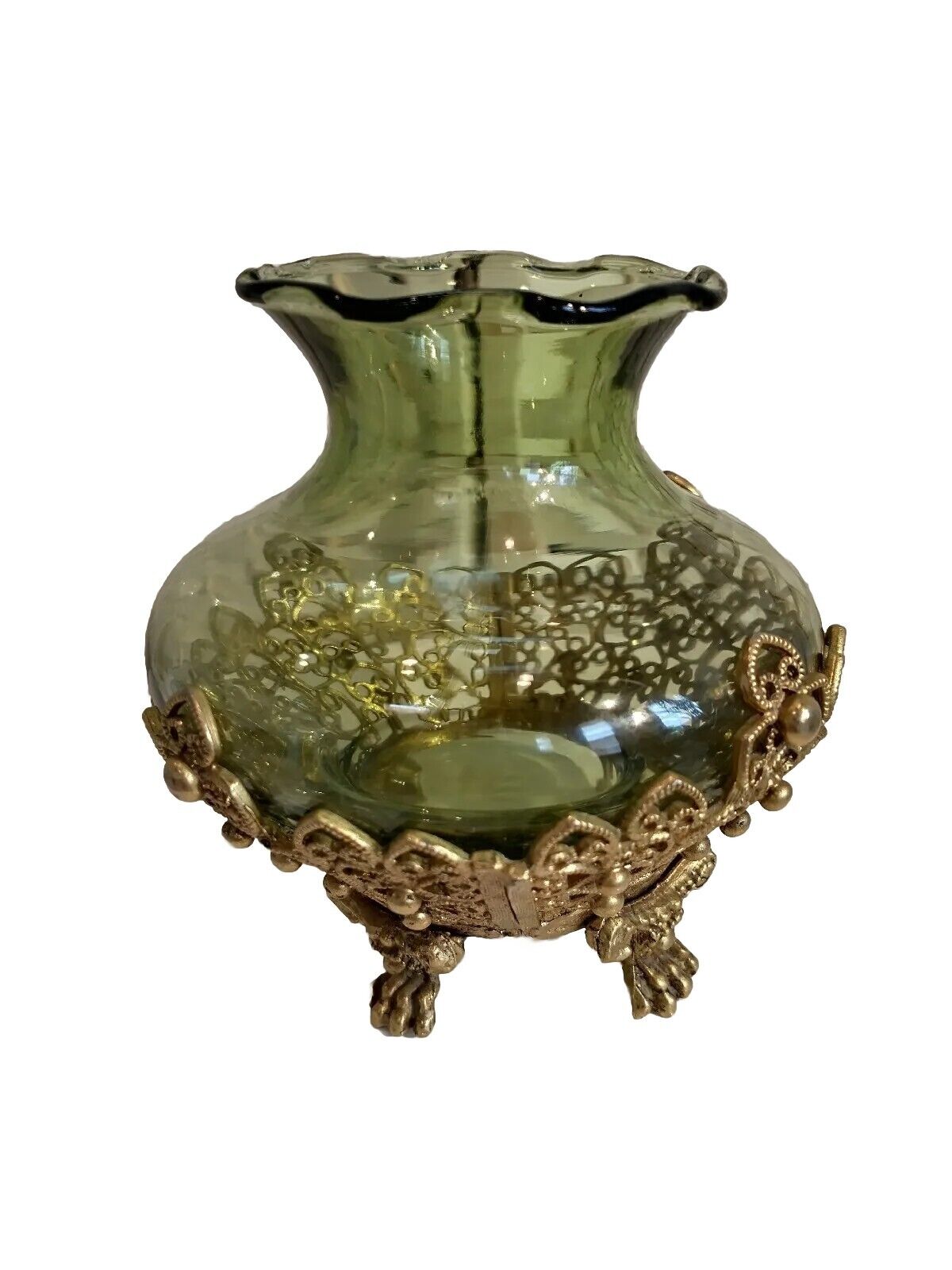 Green Glass Vase Incased Gold Holder Footed 1148 Cl