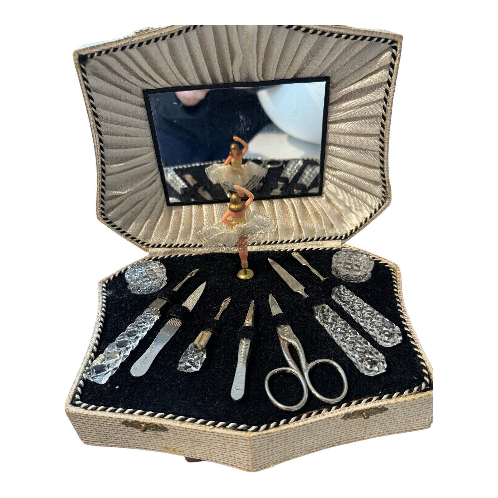 Music Box Reuge Dancing Ballerina Crystal Nail Accessories Case 1950-1960’s