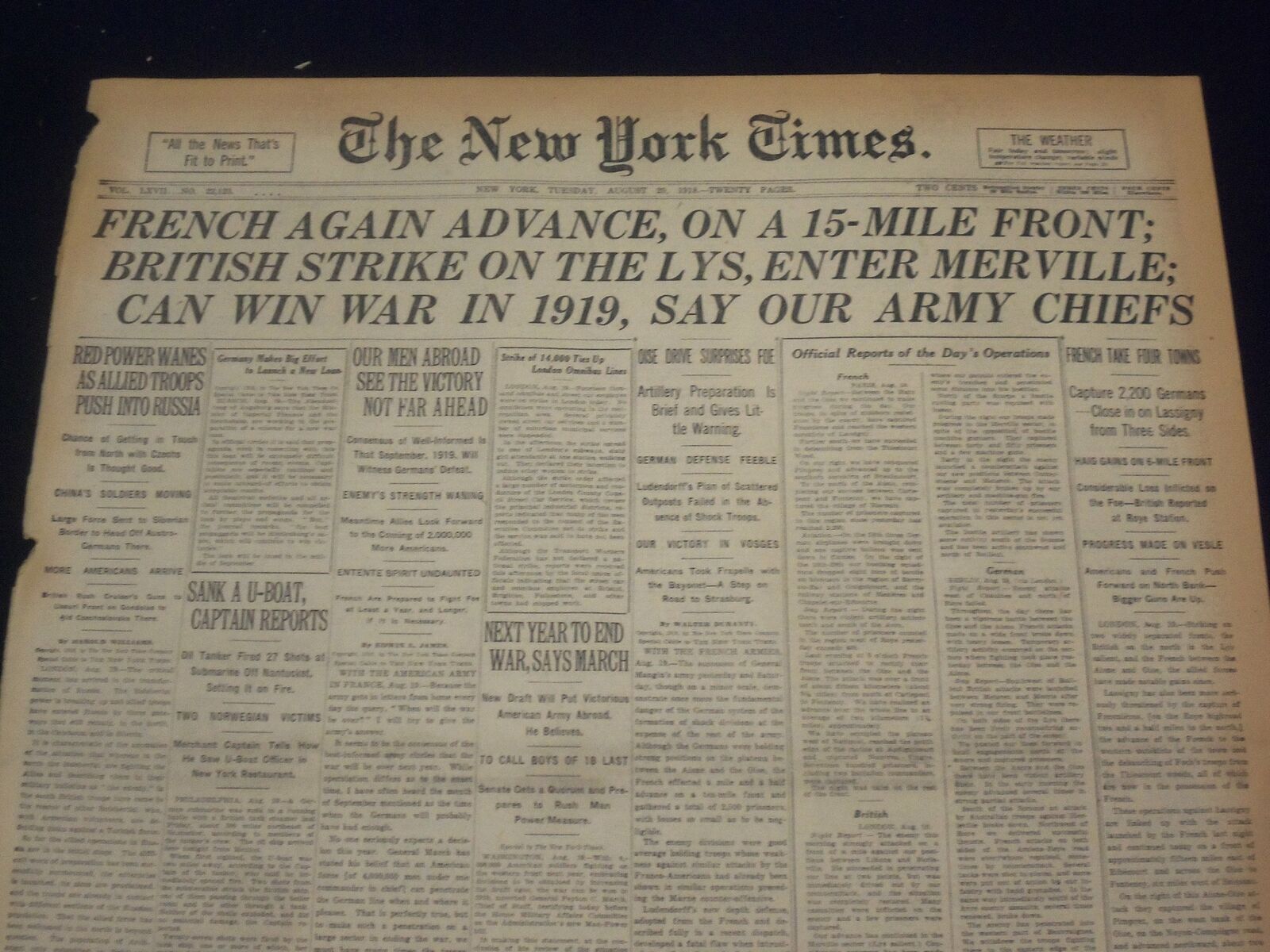 1918 AUGUST 20 NEW YORK TIMES - CAN WIN WAR IN 1919, ARMY CHIEFS - NT 9206