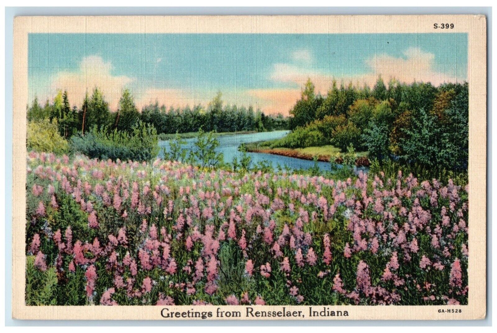 Rensselaer Indiana IN Postcard Greetings Flower Field River Lake c1940 Vintage