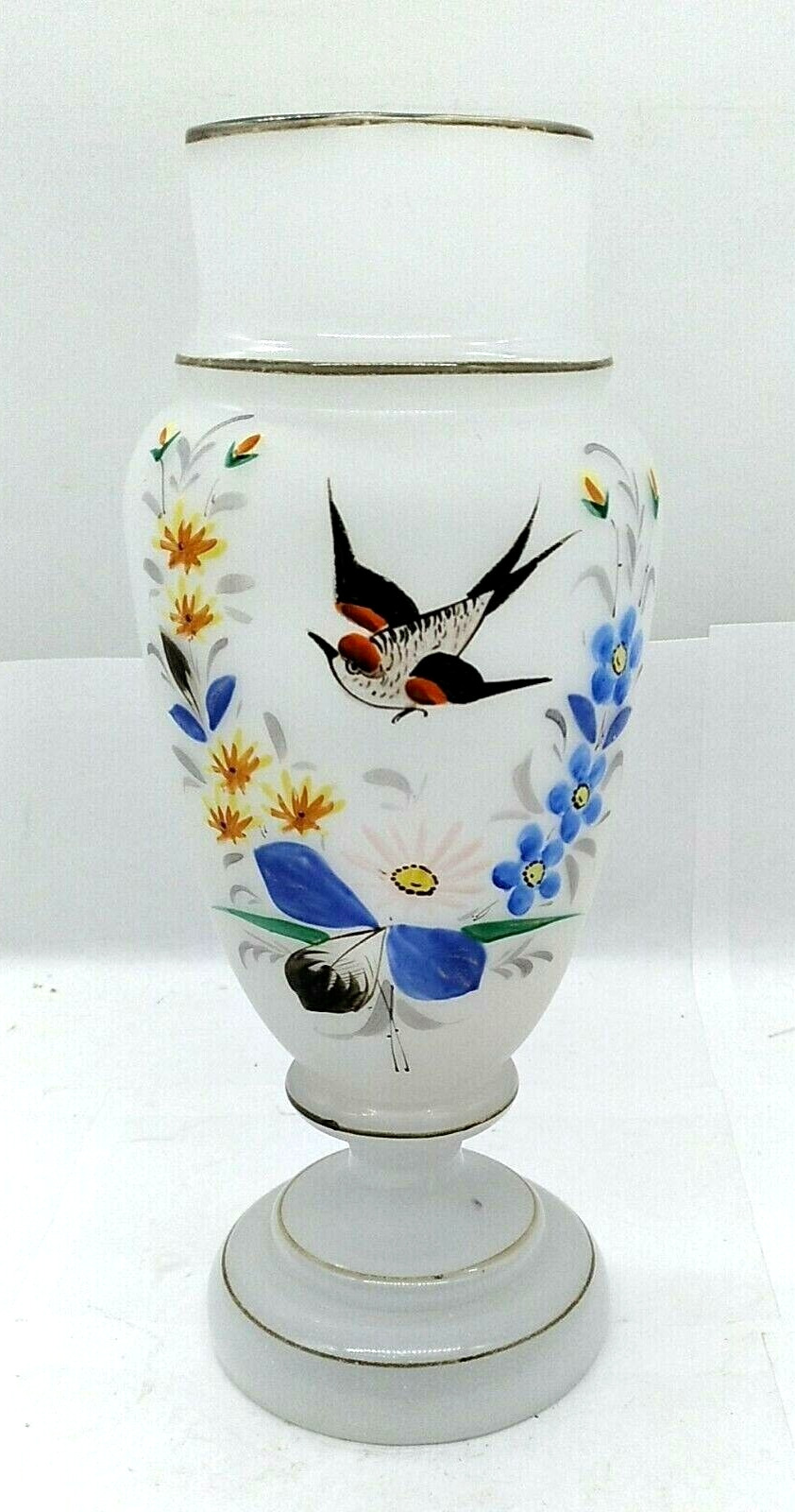 Bohemian Hand Painted Opaline Frost Glass Vase Bird Floral Enameled 10.5\