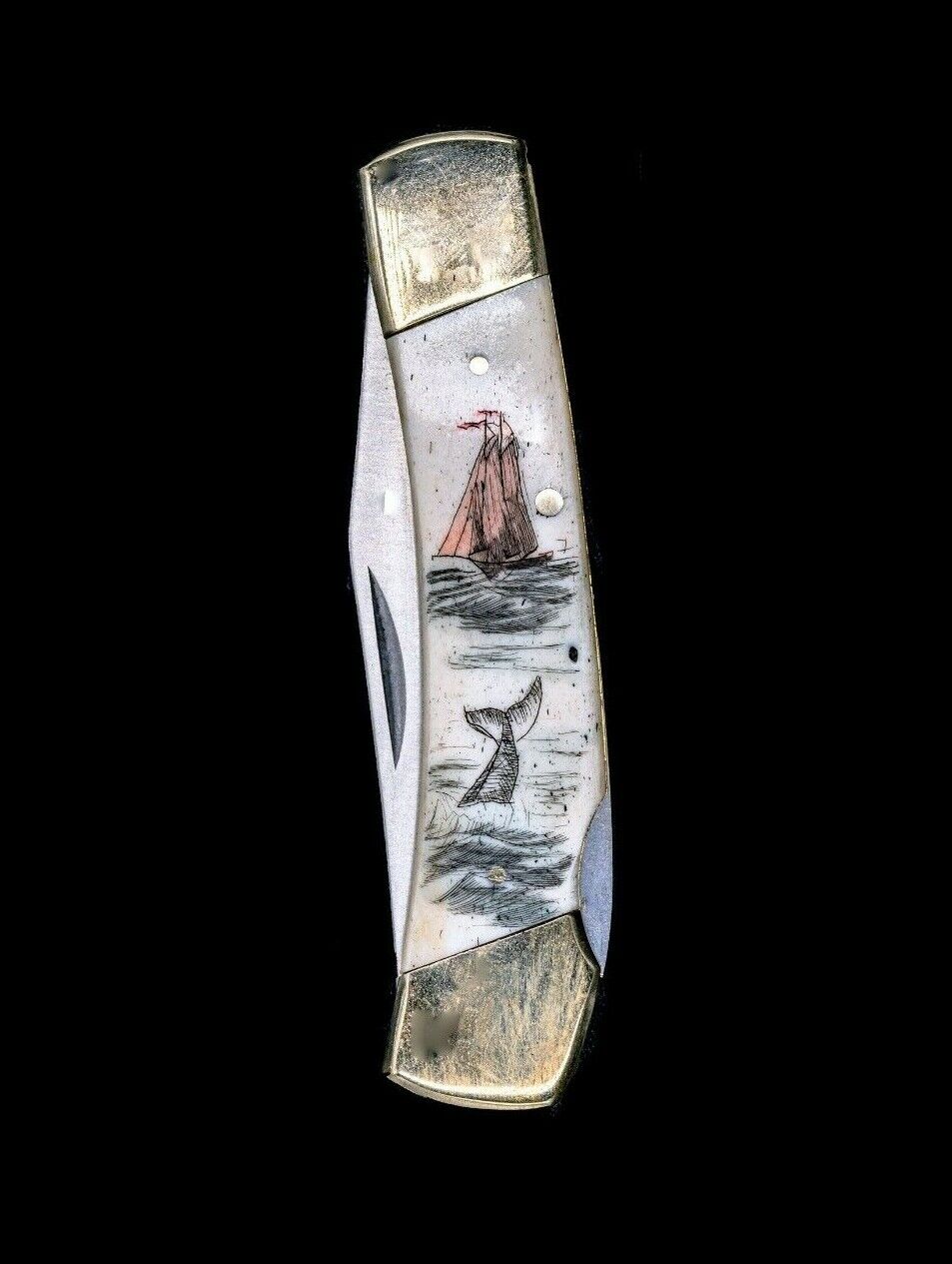 Etched Ship and Whale Colored Design Scrimshaw Collection Large Pocket Knife 