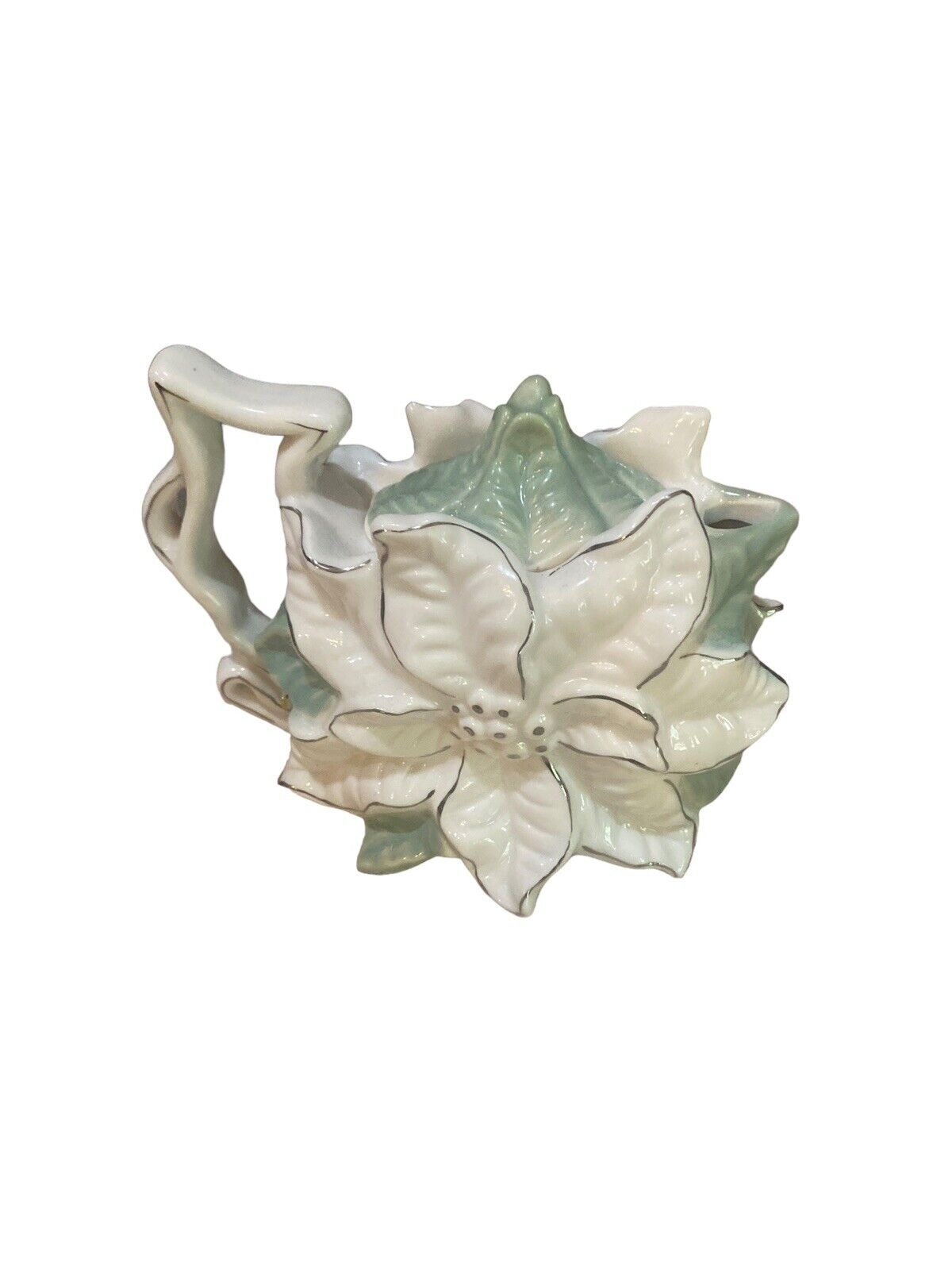 Vintage White Poinsettia Teapot Green Leaves Gold Gilt  Beautiful Tea Pot