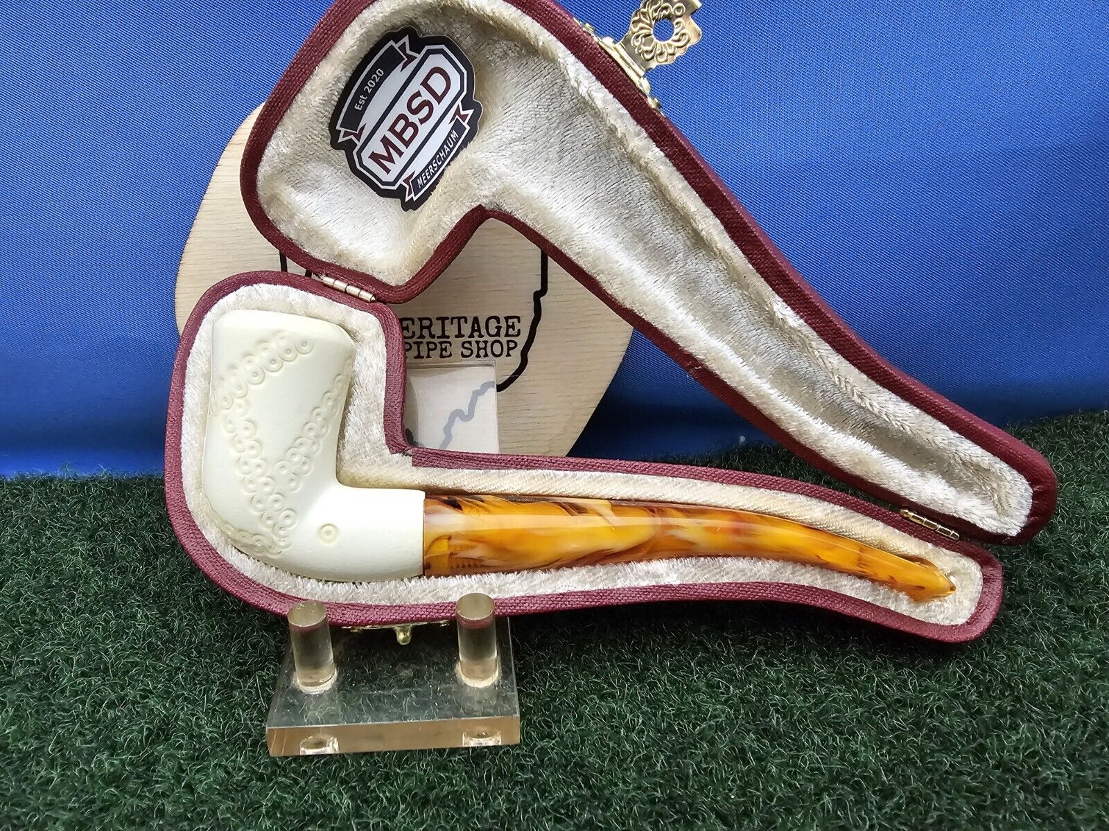 MBSD Featherweight Bent Freehand Hand-Carved Block Meerschaum Pipe, Case