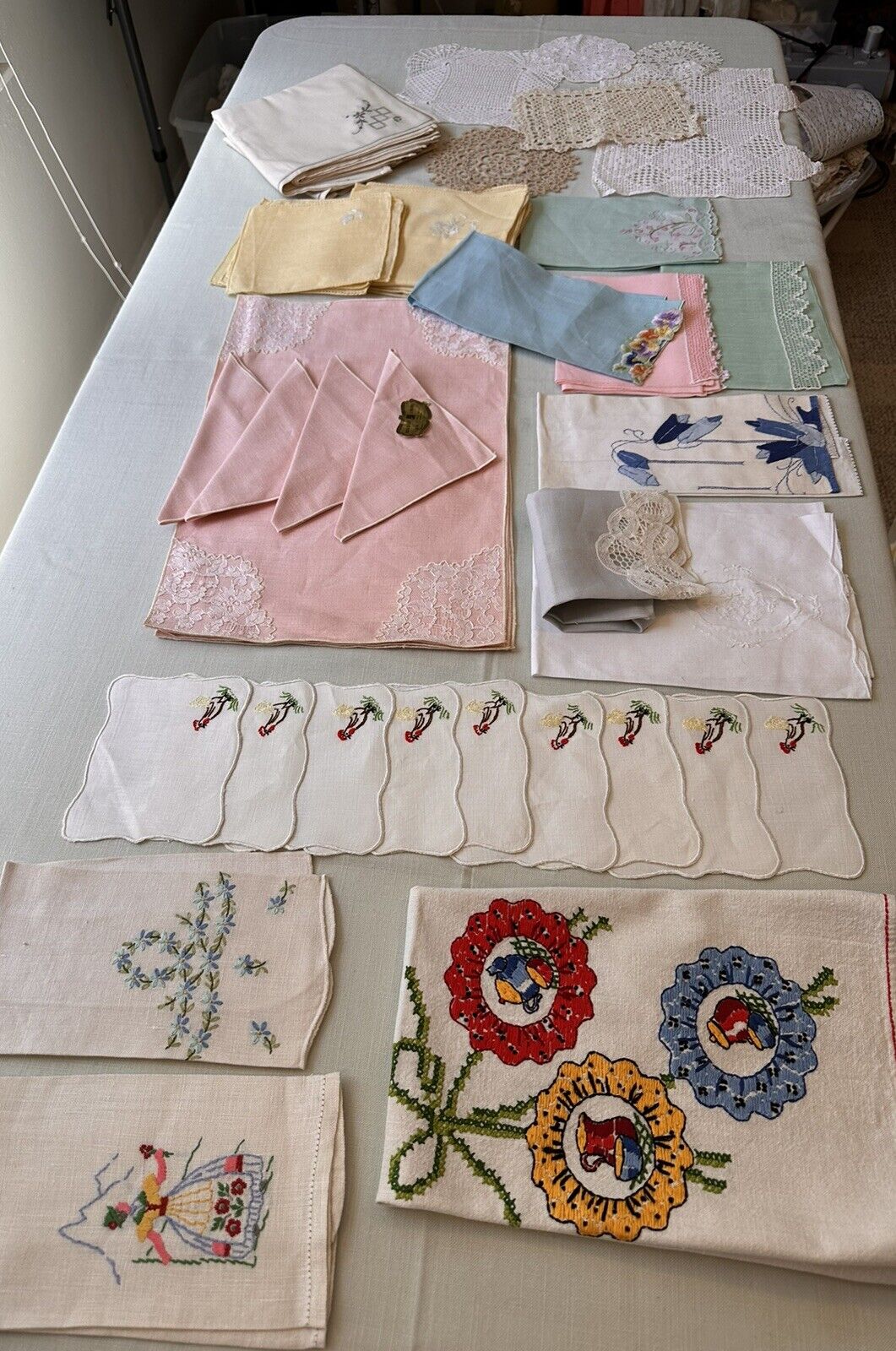 Vintage Embroidered Linens Lot Crochet Placemats Hand Towels Coasters