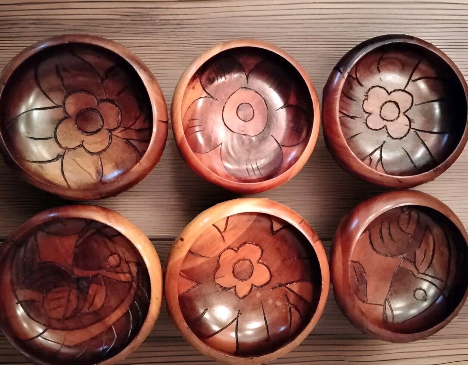 Vintage Hand Carved Wooden Bowls Set Of 6