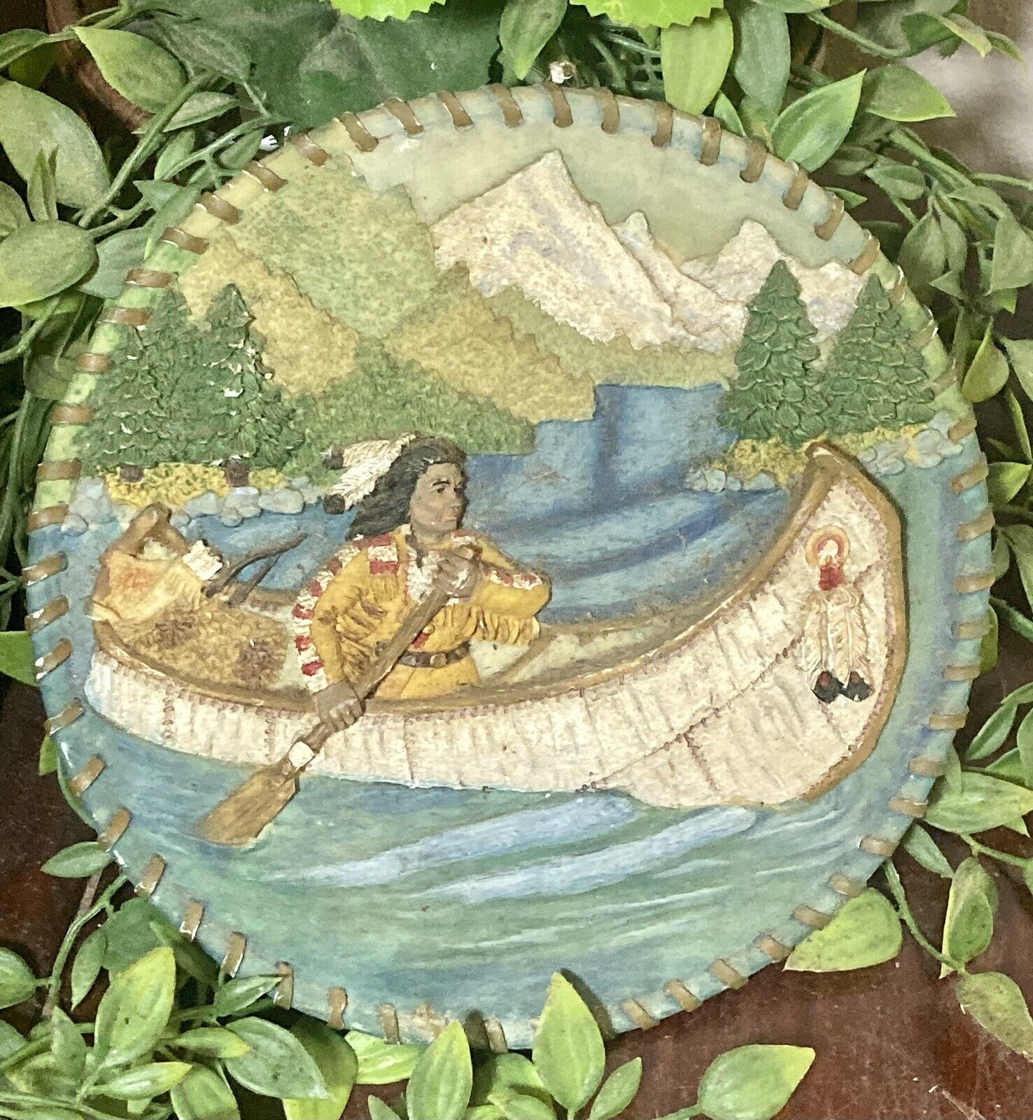 VTG 3D Resin Decorative Collectors Plate/Wall Plaque Native American On Canoe