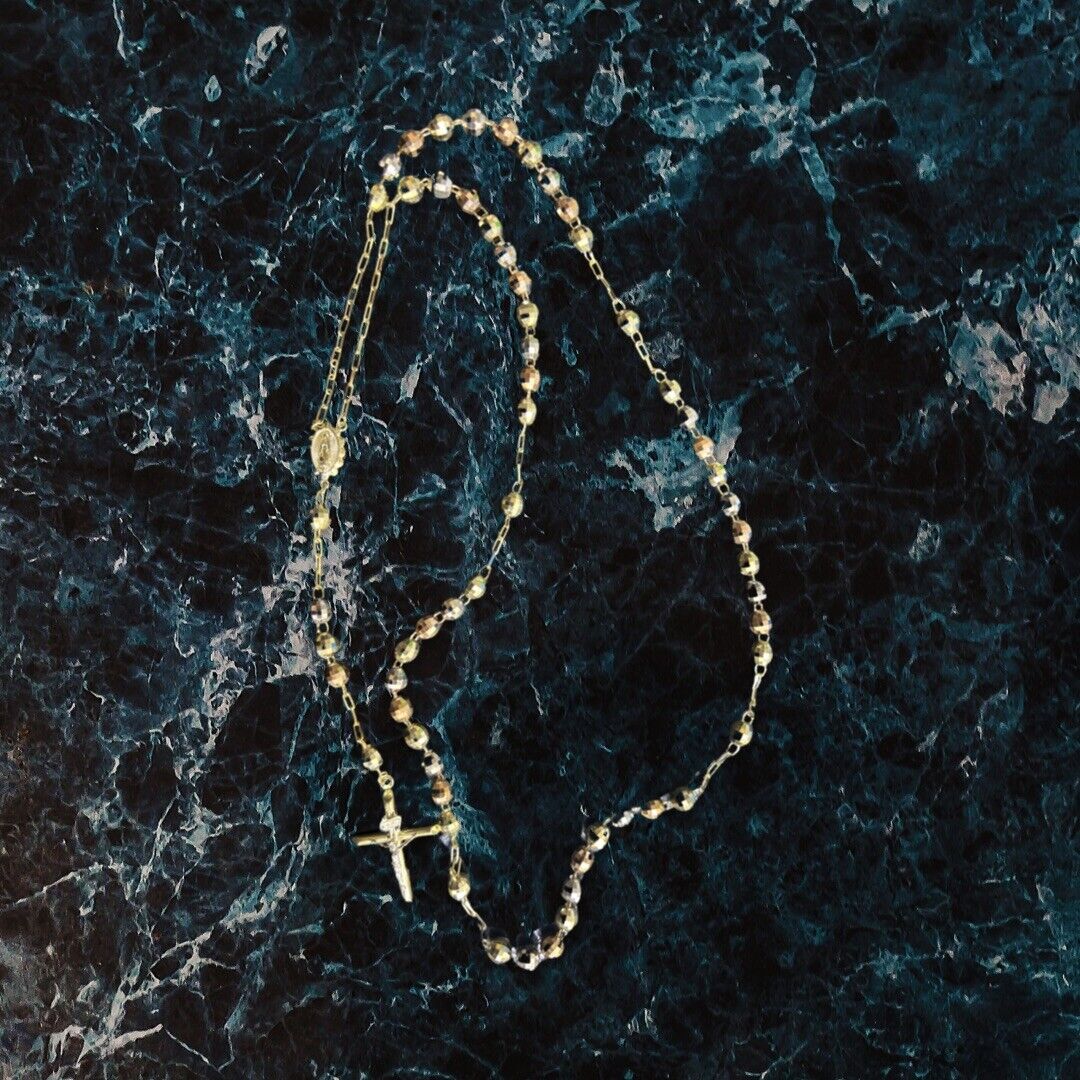14kt Yellow+White+Rose Gold Diamond Cut Catholic Rosary Prayer Beads Necklace