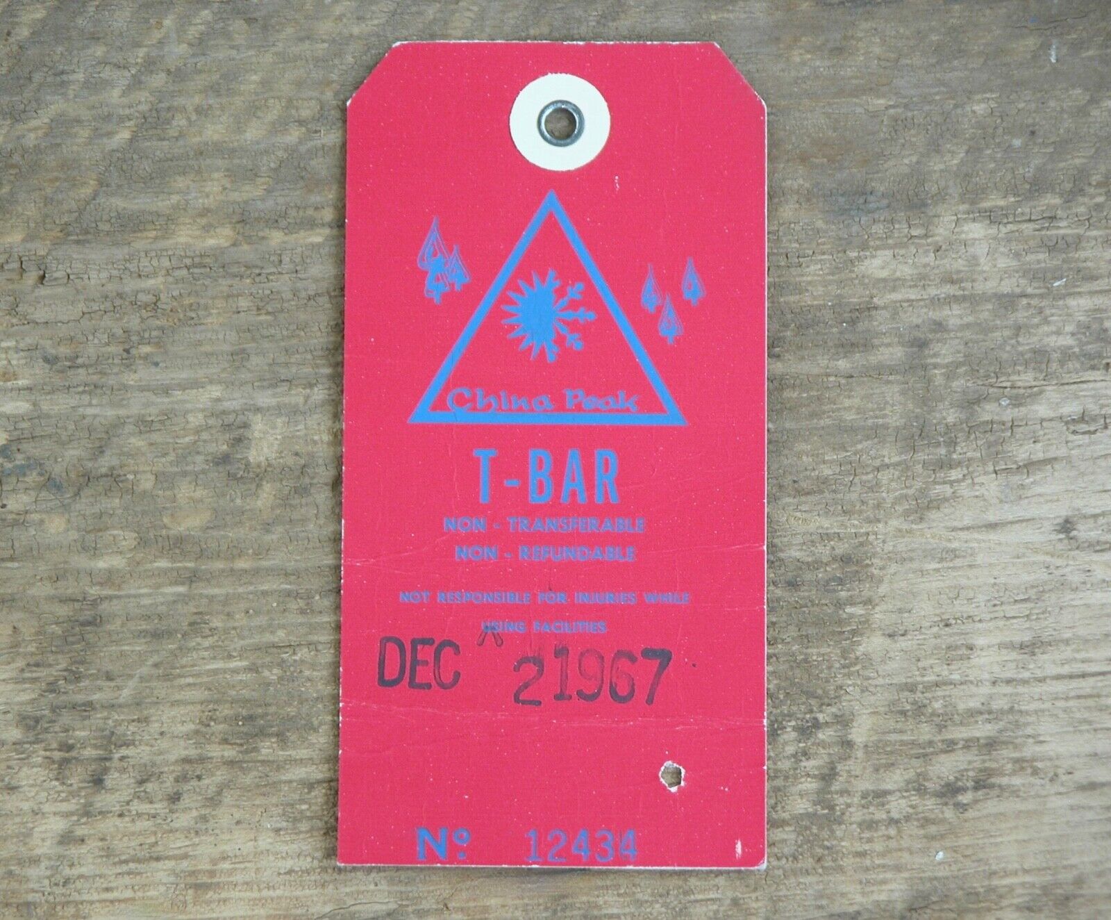 CHINA PEAK CA 1960s Ski T-BAR Lift Ticket Resort Souvenir Travel Vtg 1967 #12434