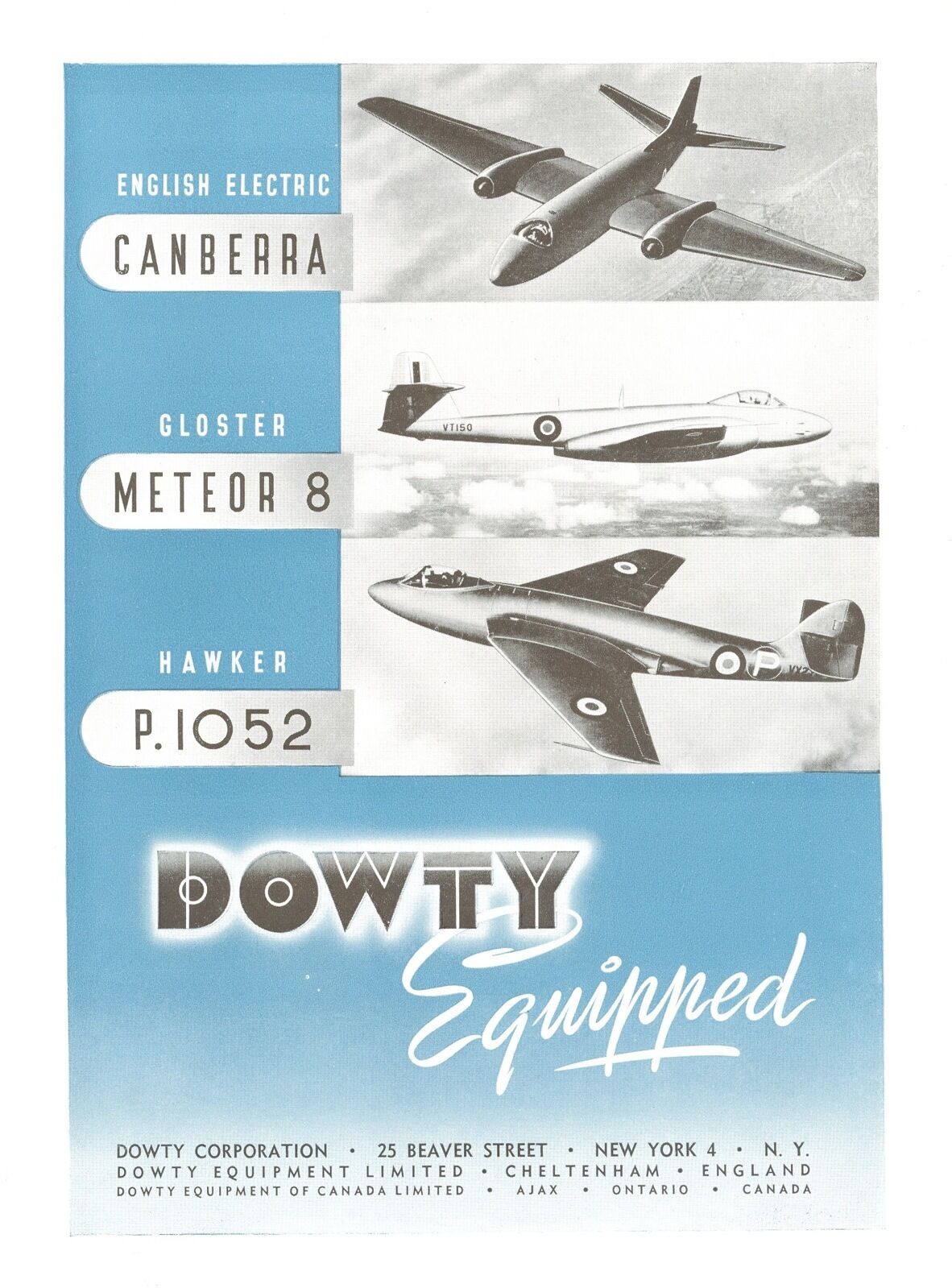 1950 Dowty Equipment Ad English Electric Canberra Gloster Meteor 8 Hawker P-1052
