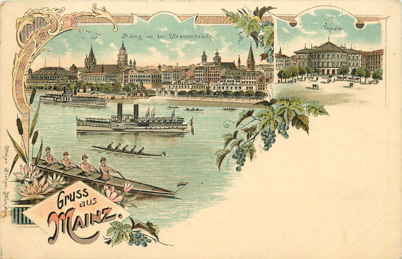 Gruss Aus Mainz Postcard Ships and Canoeing on the Rhine Rhineland-Palatinate
