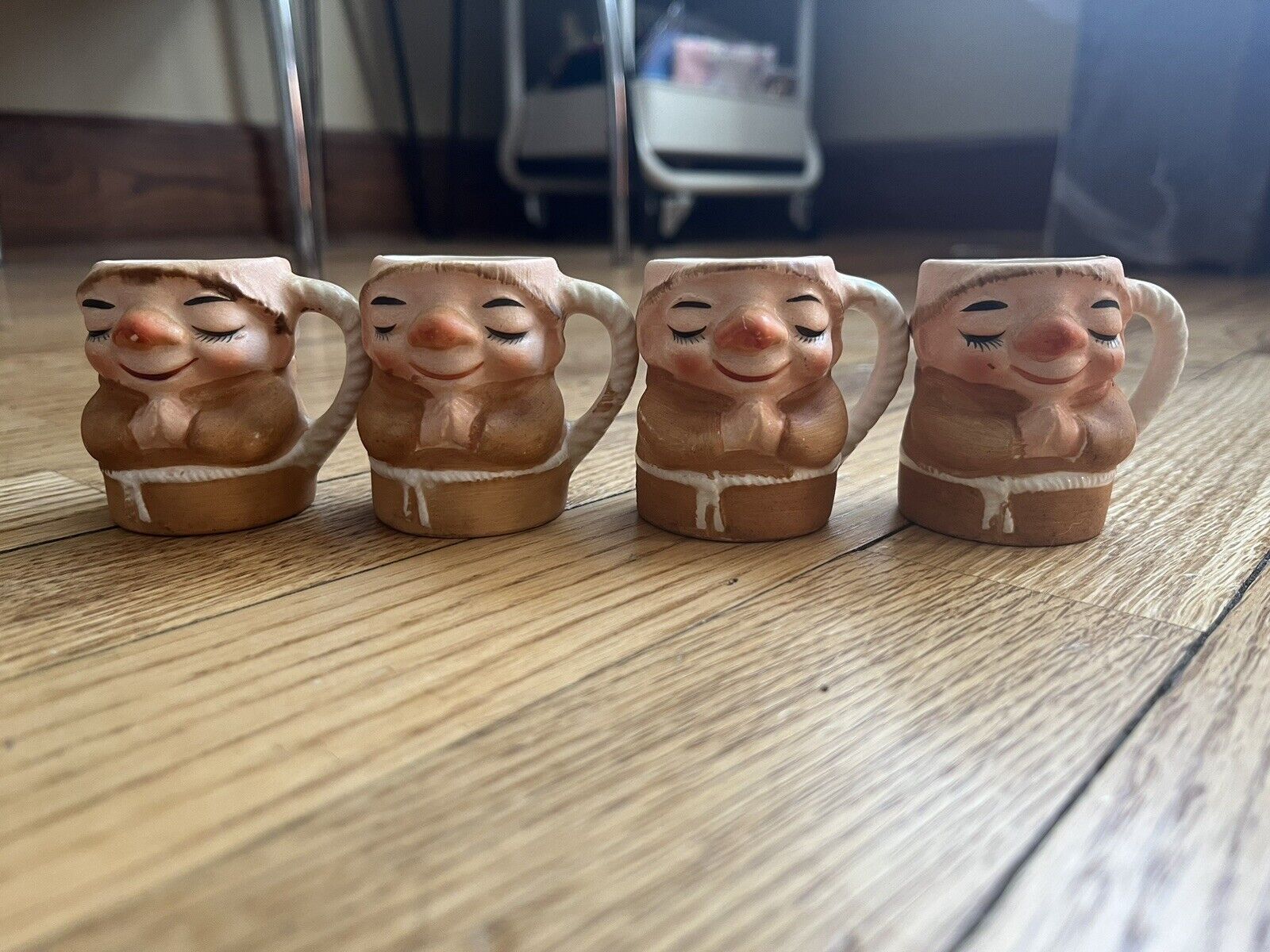 Vintage Lefton Monk Tiny Cups Lot Of 4 Sake Shot Glass Friar Retro Kitschy