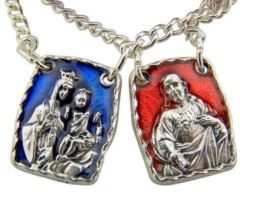 Red Blue Enamel Our Lady of Mt Carmel with Sacred Heart Scapular Medals Chain