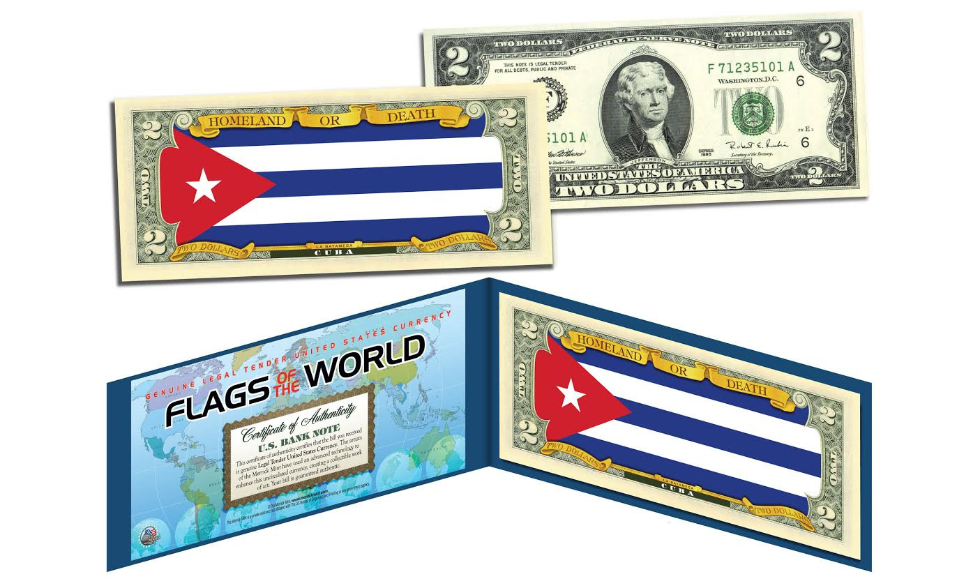 CUBA - Flags of the World Genuine Legal Tender U.S. $2 Bill Currency
