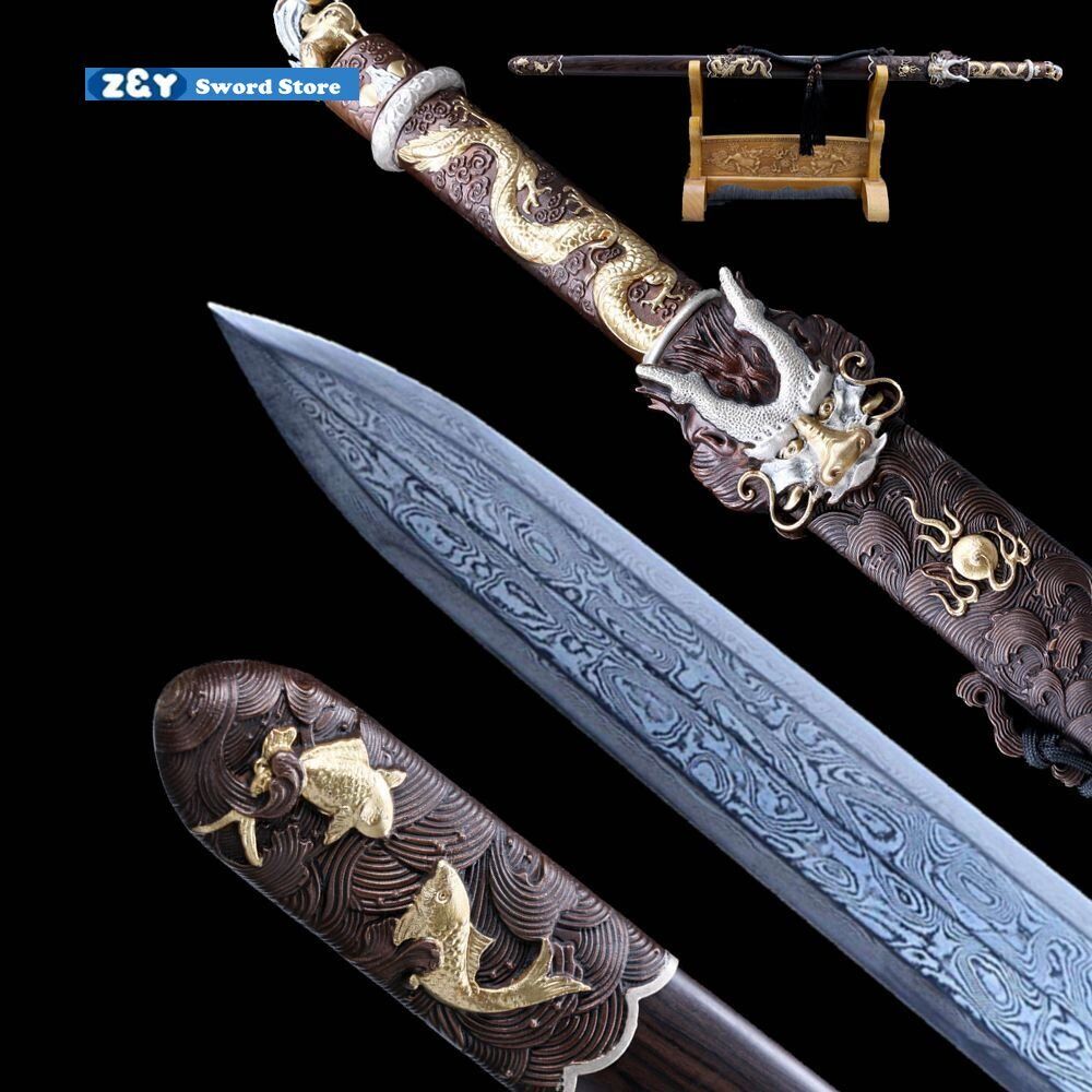 Damascus Folded Steel Chinese Handmade Sharp Sword Superior Ebony Dragon King 
