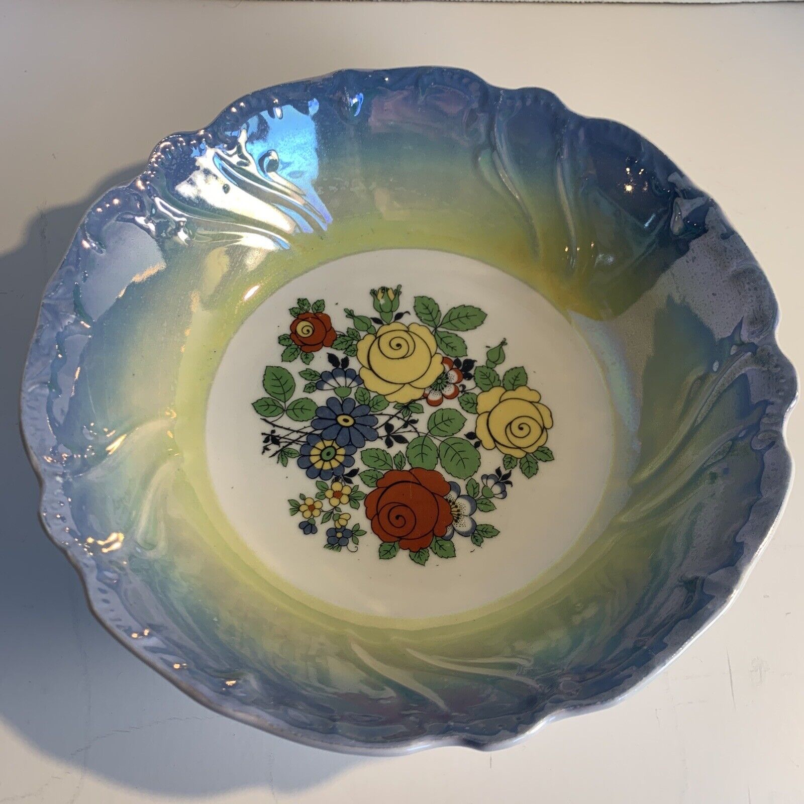 Antique Lusterware Florals Serving Dish Bowl~Blue Celadon 8.5” Art Deco Germany