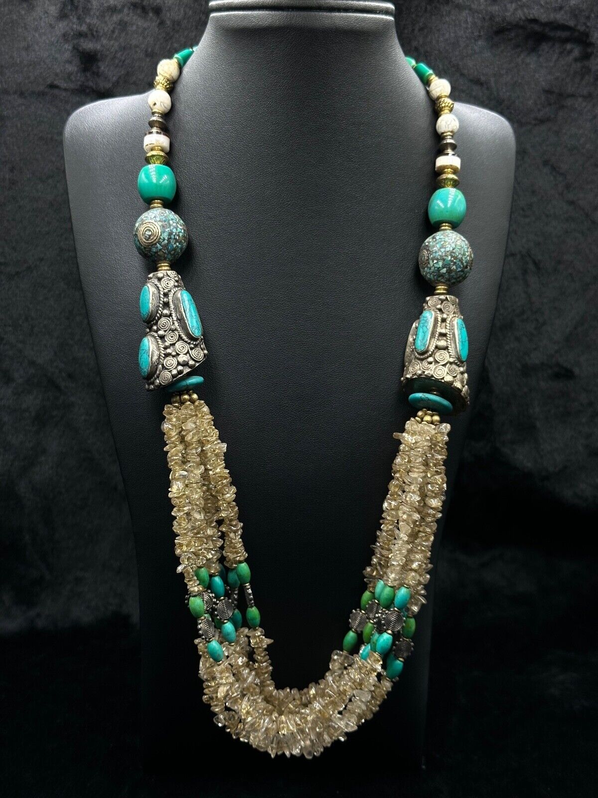 Tibetan Handmade Unique Design Old Necklace With Natural Turquoise Crystal Stone
