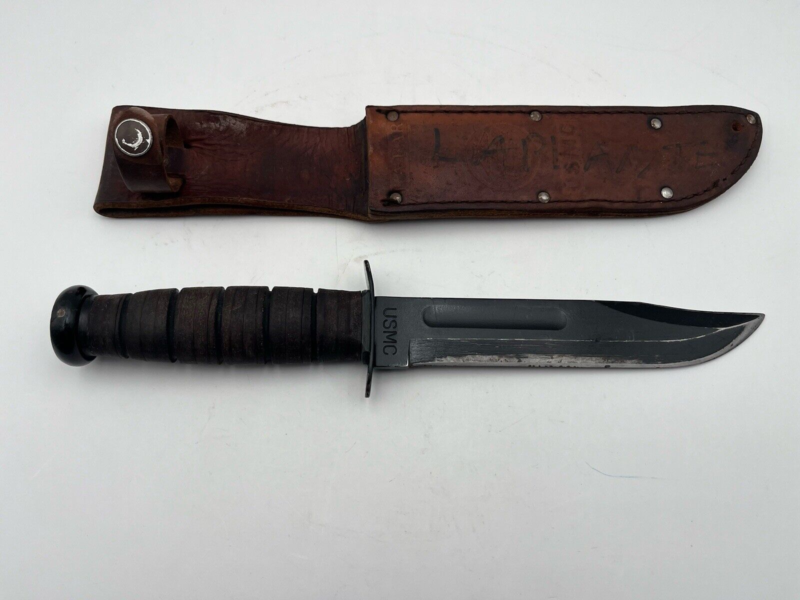 Ka-Bar Olean, NY USMC Fixed Blade Fighting Knife W/Leather Sheath 7” Blade