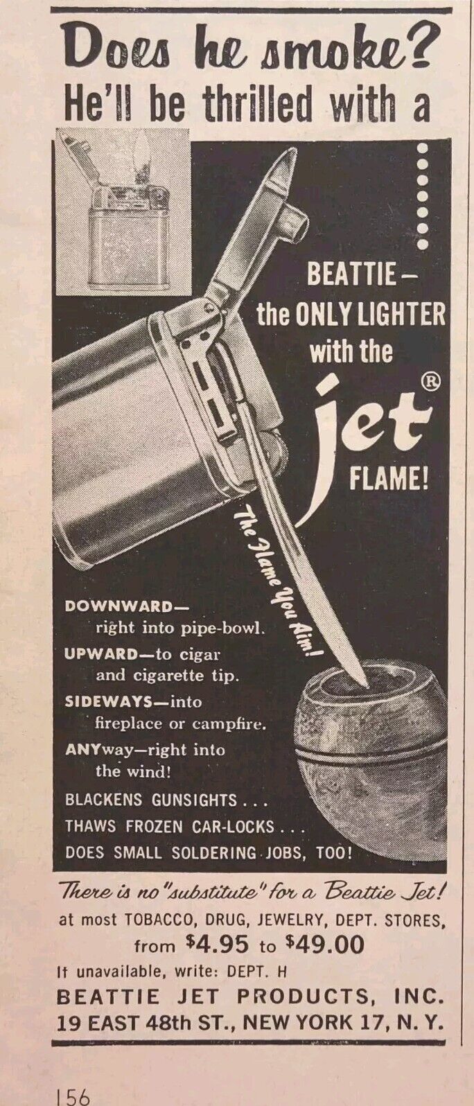 Beattie Jet Flame Lighter Pipe Downward Flame Vintage Print Ad 1957