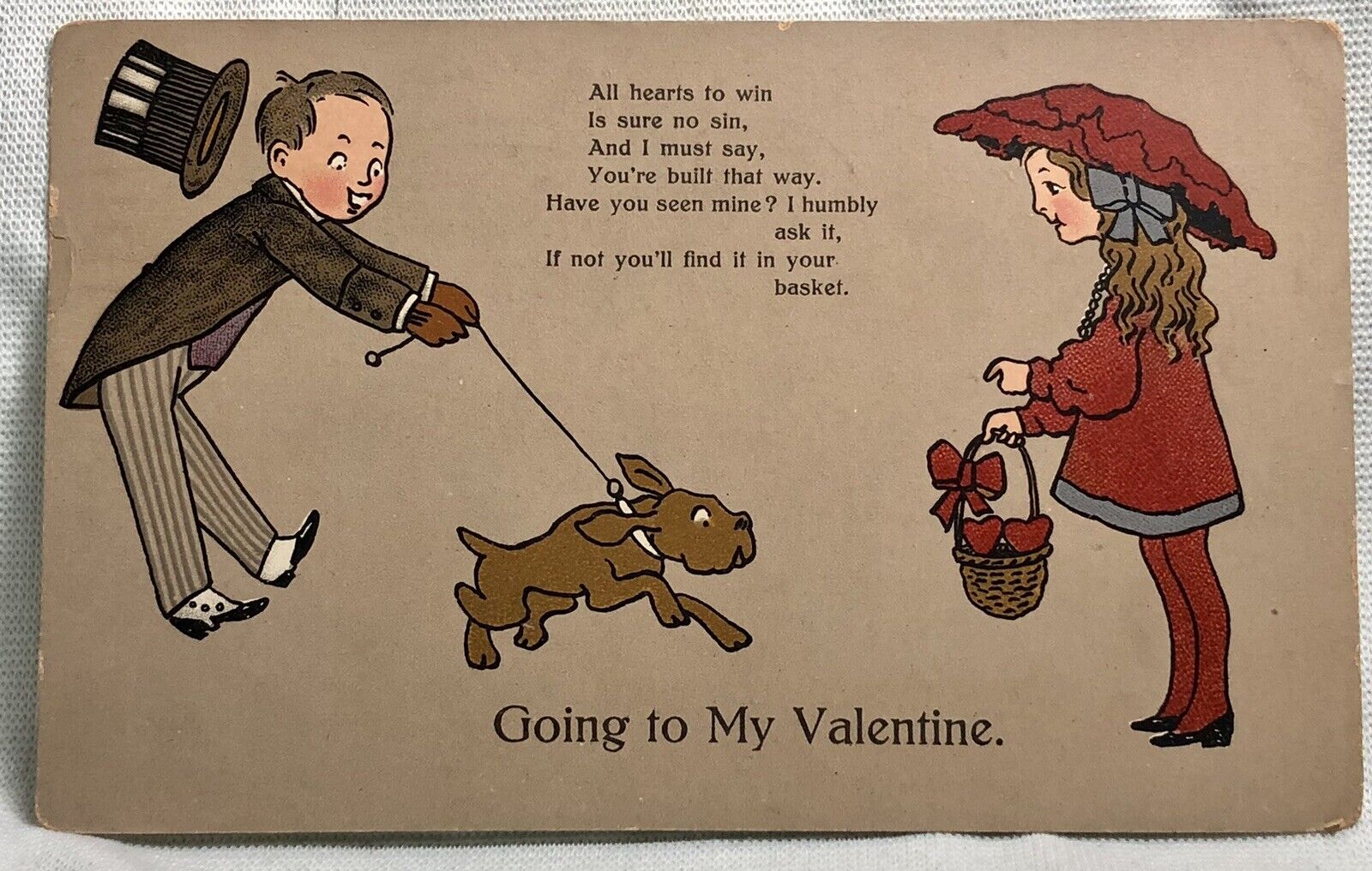 Dog Postcard Going To My Valentine Hearts In Basket Verse Artist u/s C.1915