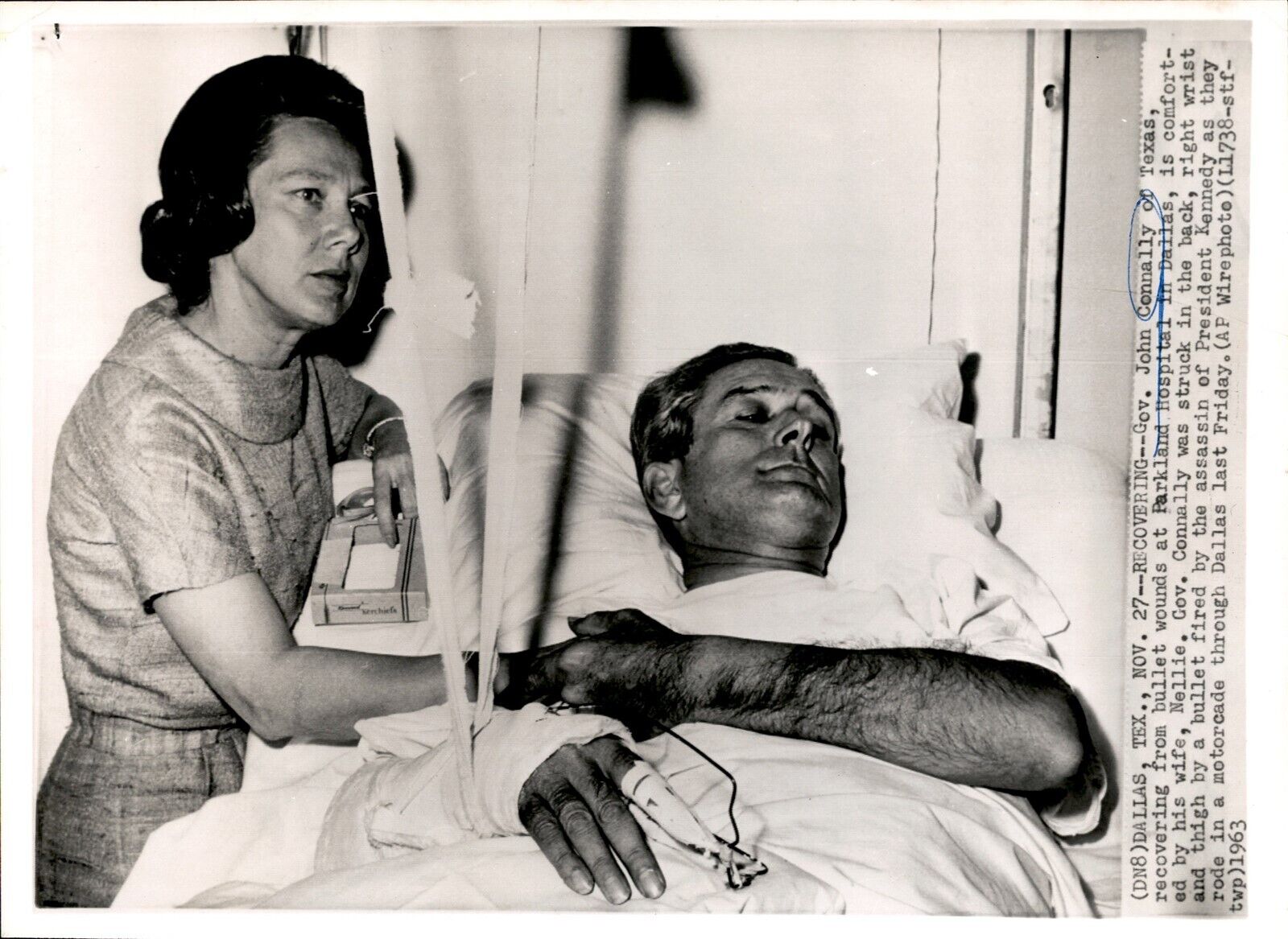 LD355 1963 AP Wire Photo GOV JOHN CONNALLY RECOVERING PRES KENNEDY ASSASSINATION