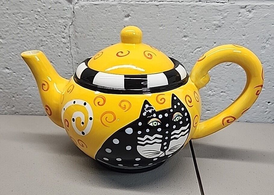 Laurel Burch Ceramic Polka Dot Cat Teapot Yellow / Black / White 1998