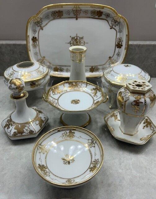 Vintage Hand Painted Porcelain Lefton 8 Piece Vanity Set Romantic Gold Trim