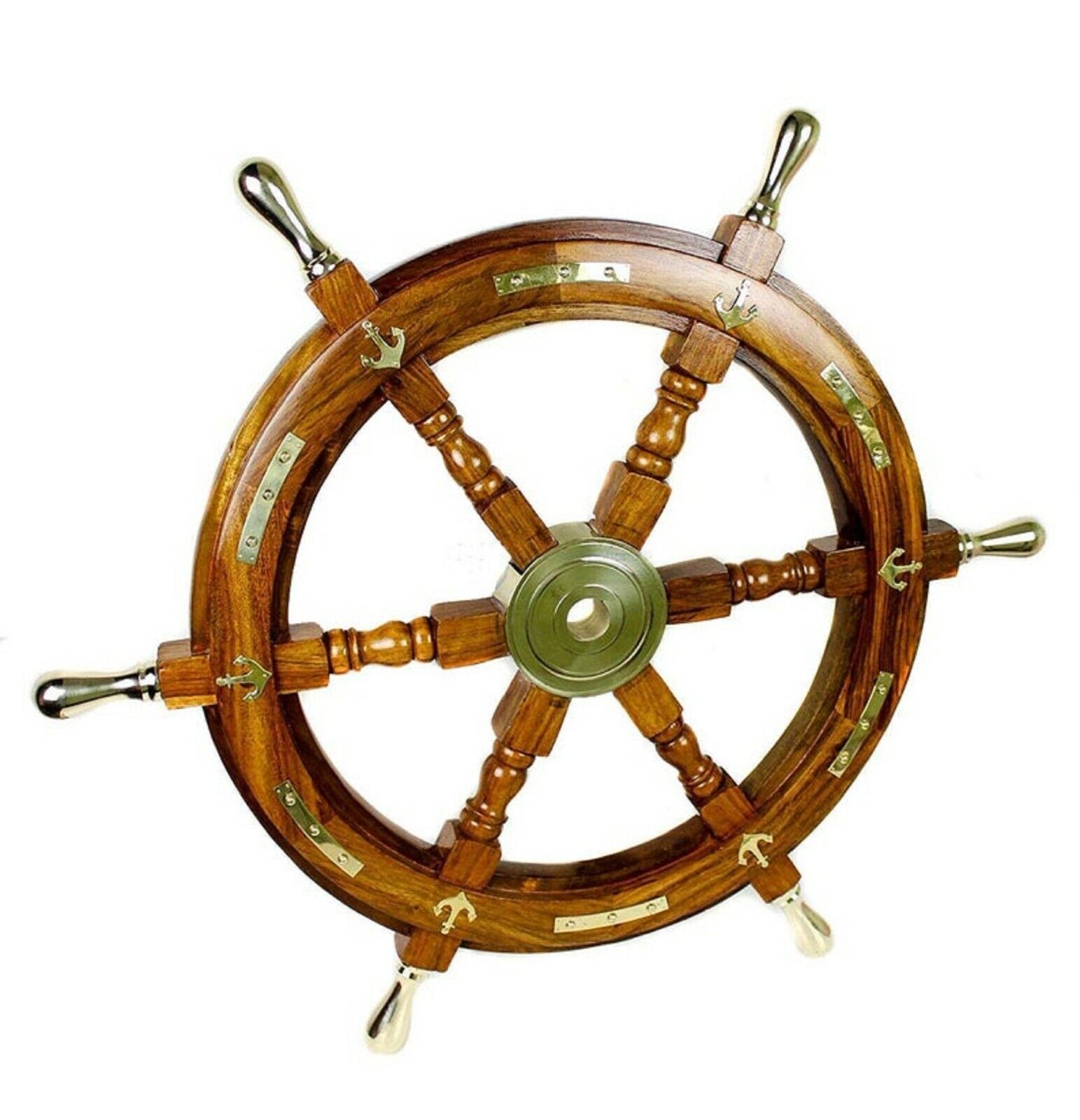 24\'\' Nautical marine wooden ship steering wheel brass anchor pirate wall decor