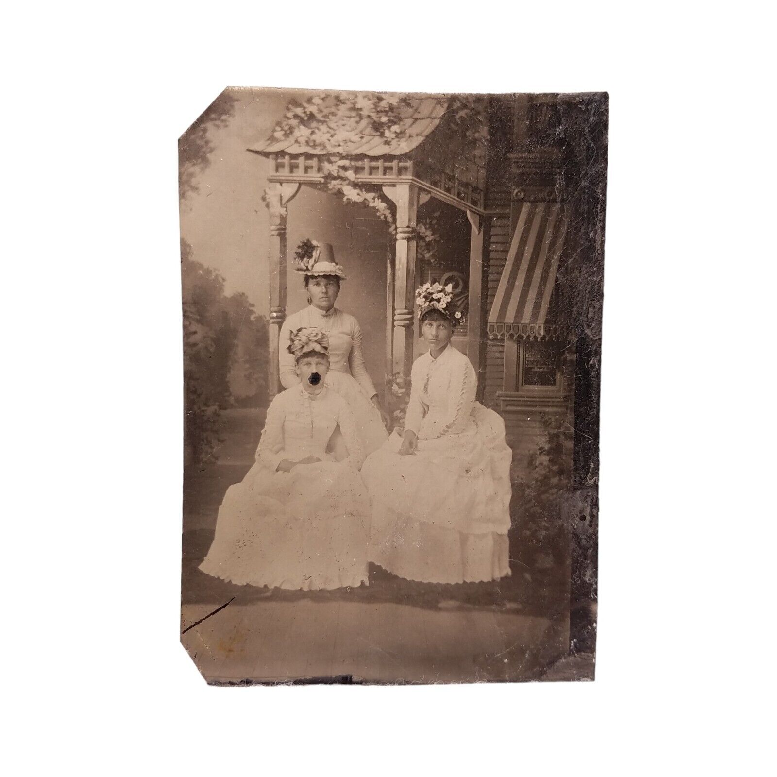 Antique Tintype Studio Photo 3 Victorian Women Sitting White Dresses Fancy Hats
