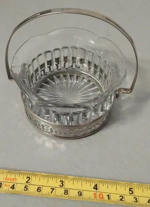 Vintage Bon Ton Footed Silverplate Glass Candy / Relish Dish with Carry Handle