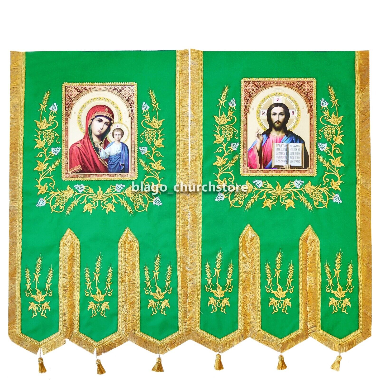 Orthodox Set Of Church Green Banners Embroidered Savior and Mother of God