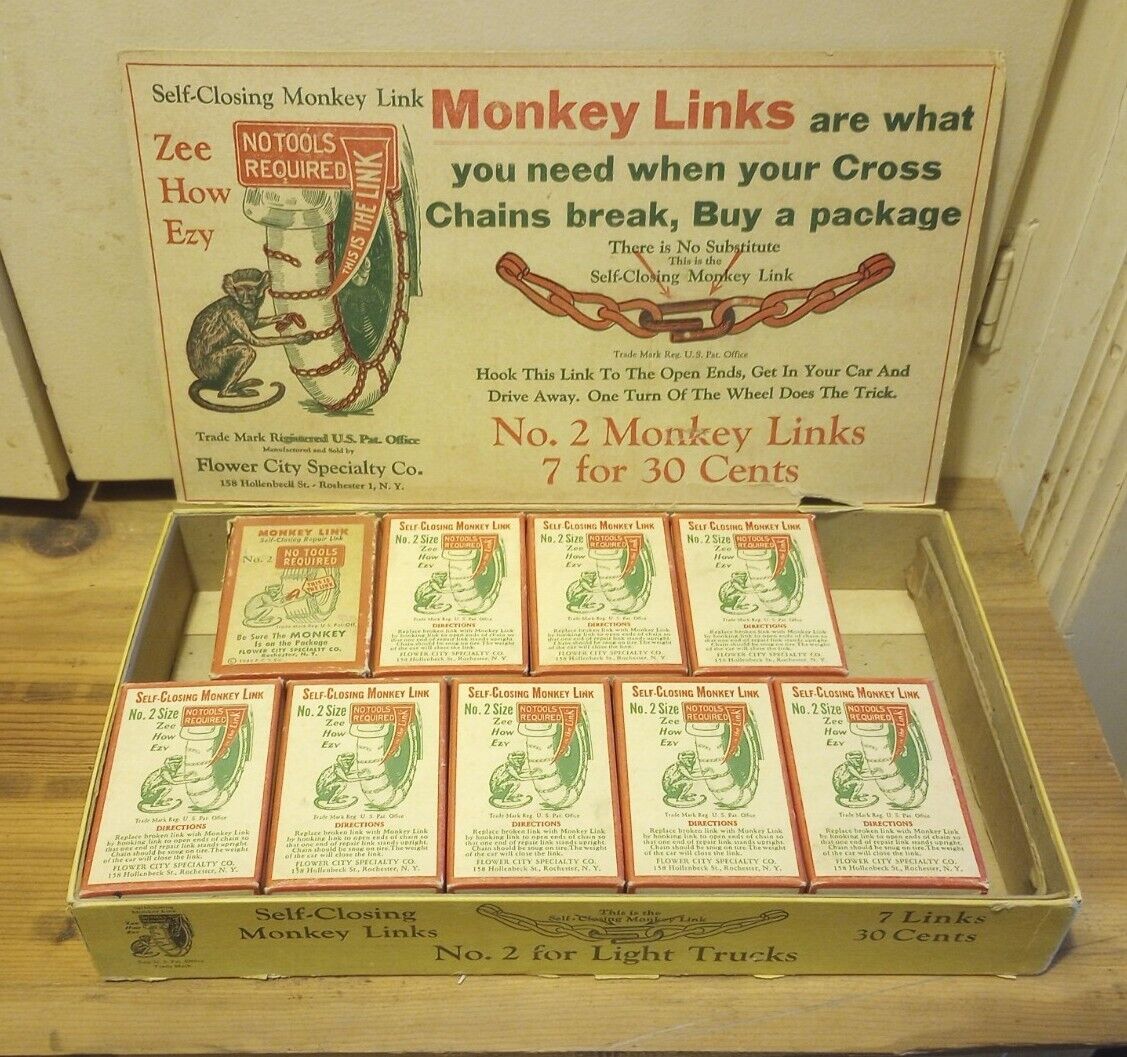 Rare 1930s Monkey Links balloon tire chains w/ Display Box. 9 nos Boxes.