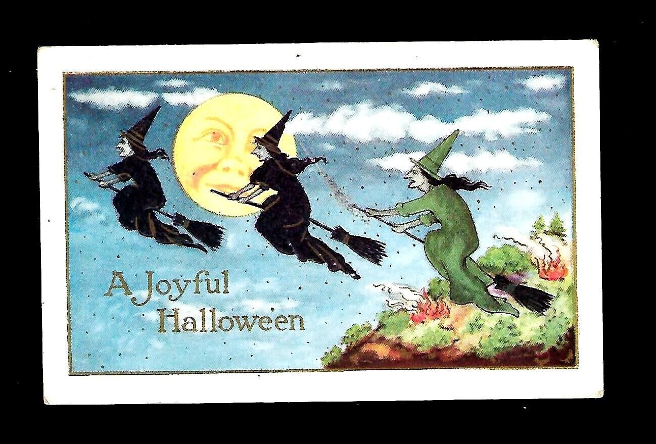 c1912 Halloween Postcard Moon Over 3 Witches Flying On Broom Sticks