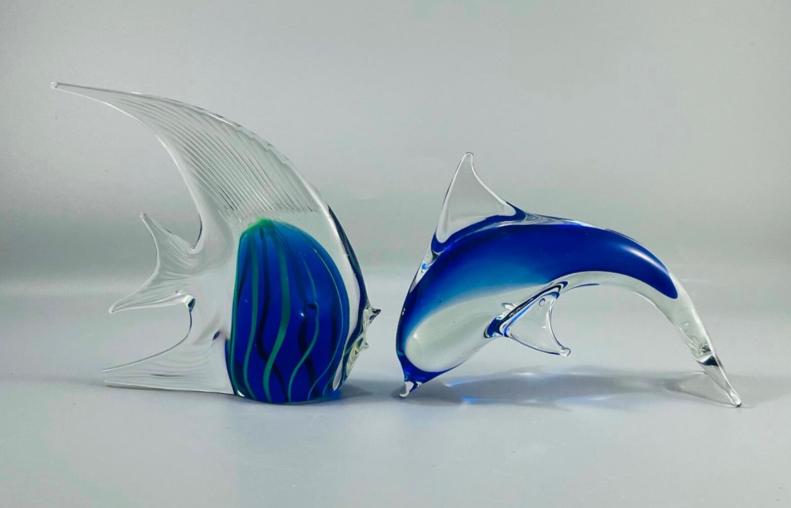 Cobalt Blue Clear Art Glass Dolphin & Angel Fish Figurine Paperweight