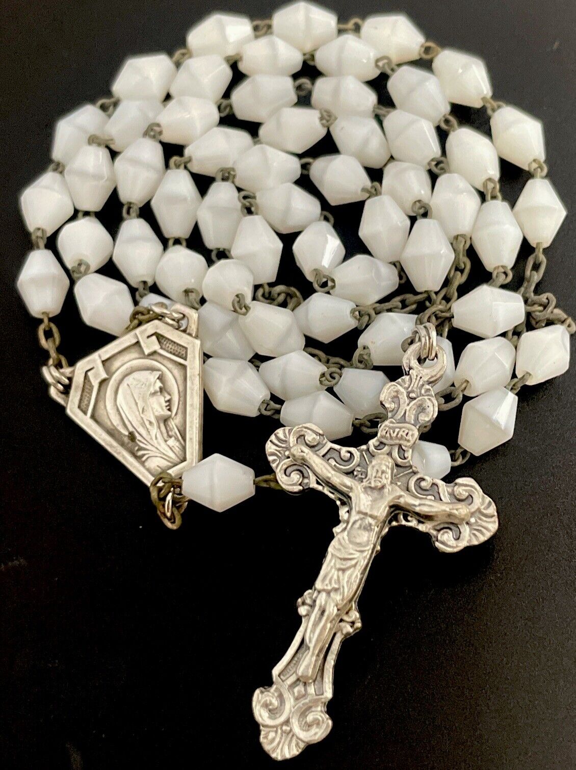 Vintage White Milk Geometric Glass Rosary, Sterling Silver Center,Creed Crucifix