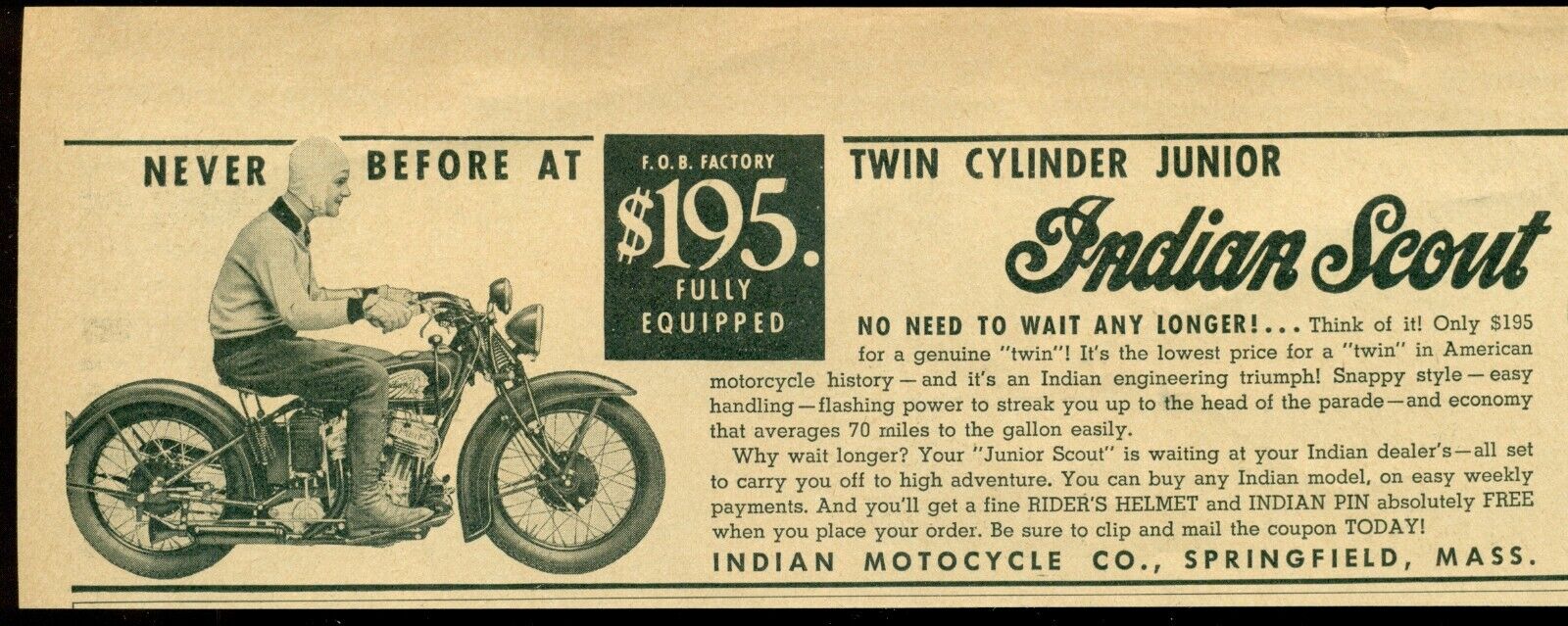 1938 INDIAN Motorcycle Ad Indian Scout Twin Cylinder Springfield Mass