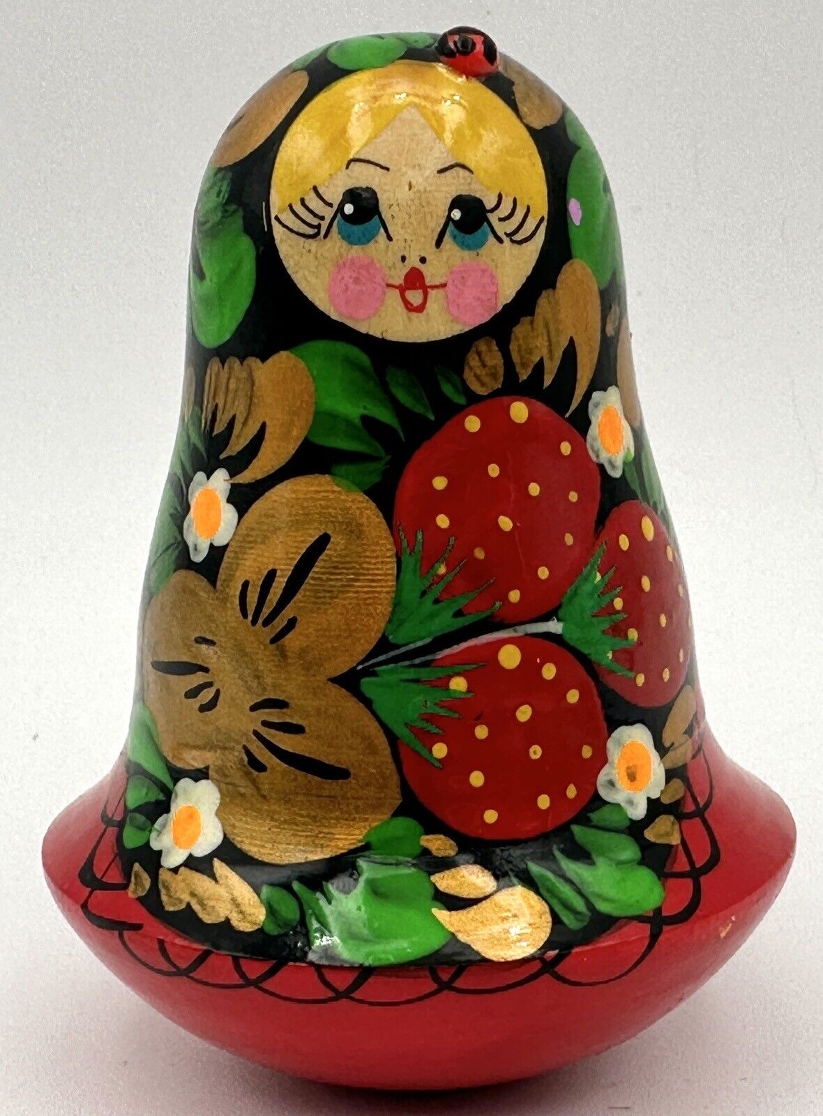Wooden Russian Matryoshka Doll Roly Poly Chime Bell Painted Strawberries Ladybug