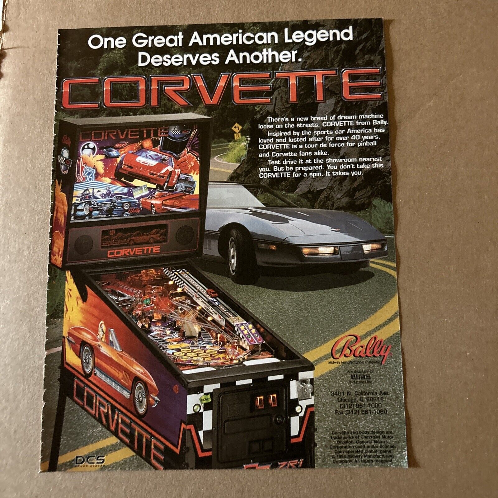 Orginal 1994  11- 8\'\' Corvette Pinball Bally Vintage  ARCADE GAME FLYER