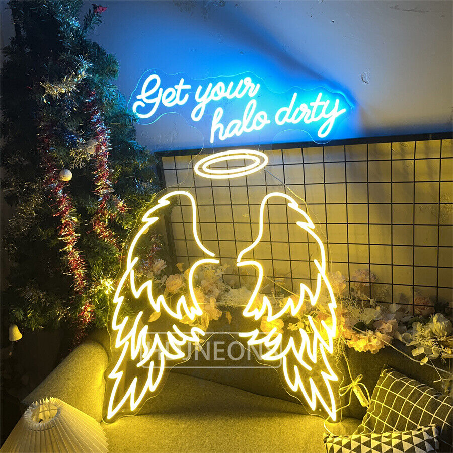 110cmx75cm Angle Wing Neon Sign Get Your Halo Dirty Sign Salon Shop Wedding Wall