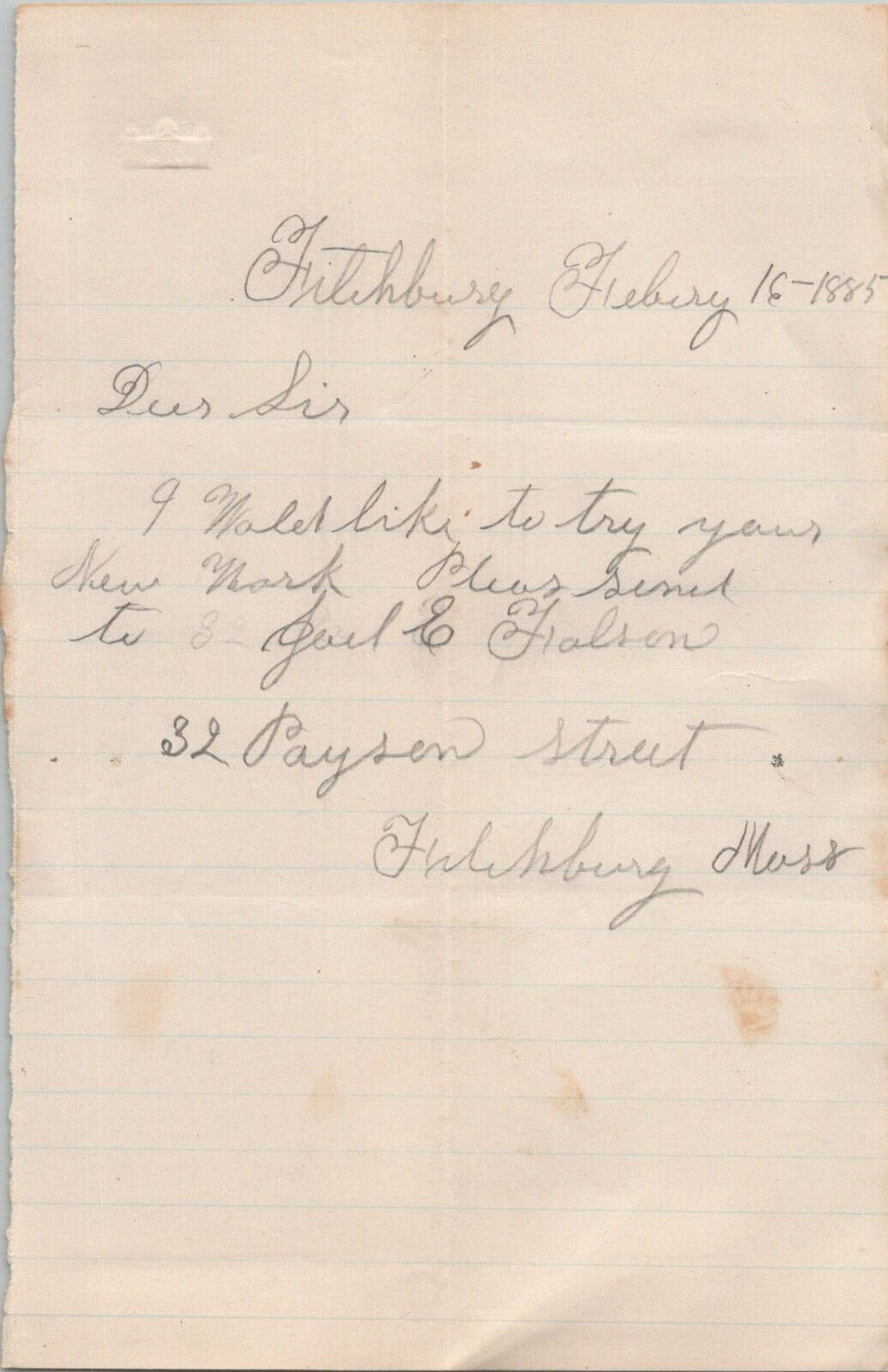 Handwritten Letter Gail E Falson Fitchburg MA Massachusetts 1885 Paper Ephemera