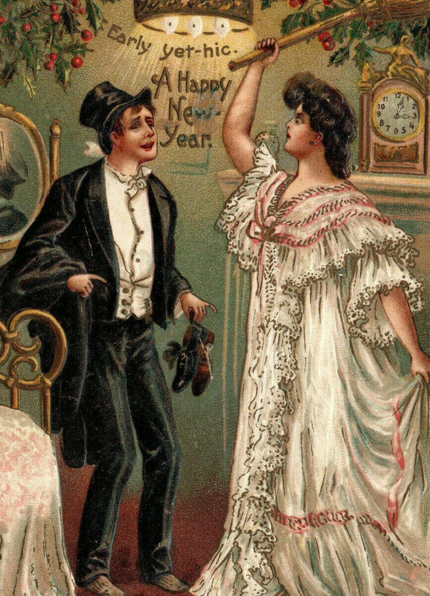 c. 1910 New Years Drunk Man Wife Victorian Style Fancy Nightgown Mantle Clock