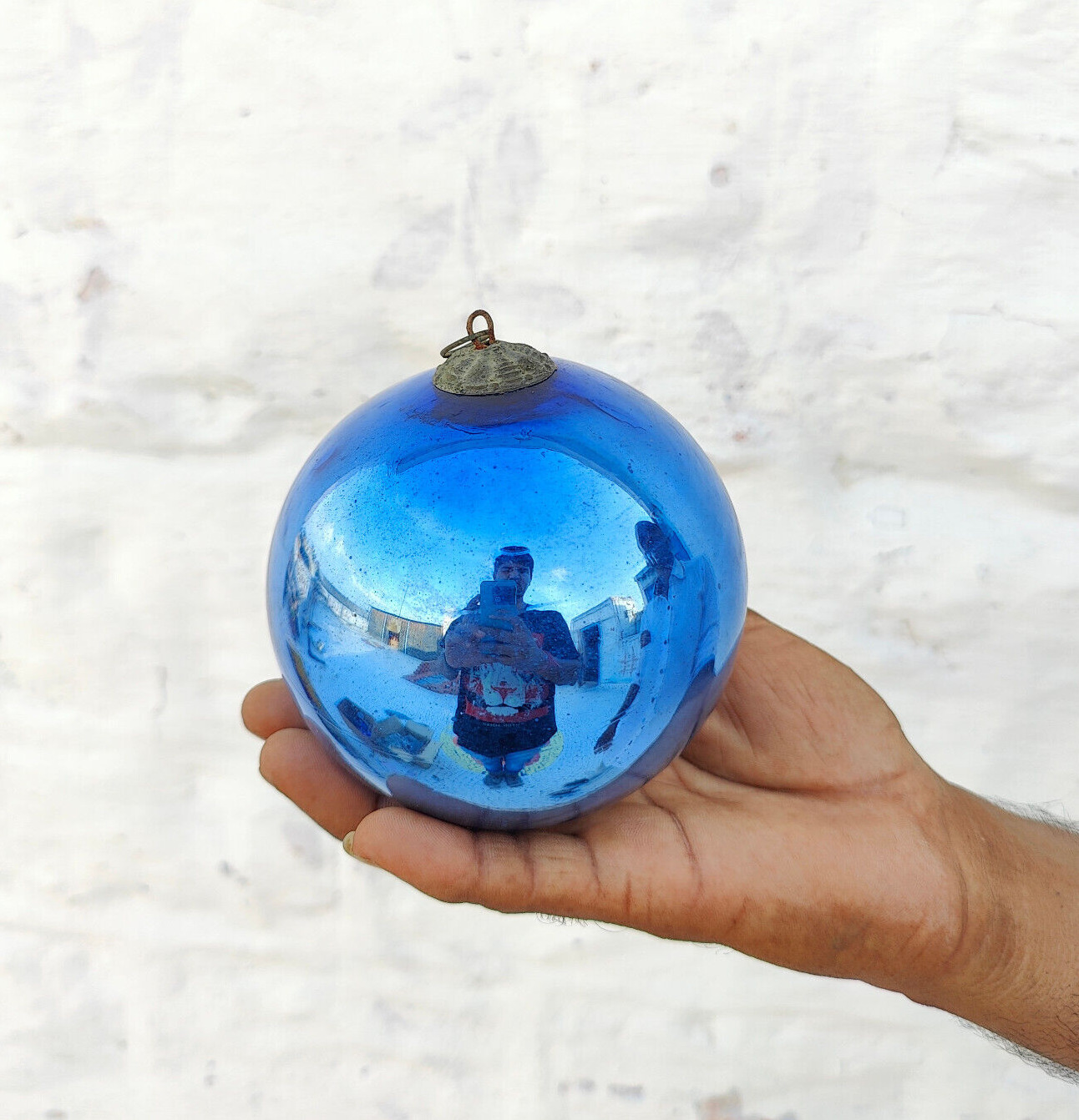 Antique Azure Blue Glass German Kugel Christmas Ornament Beehive Brass Cap 527