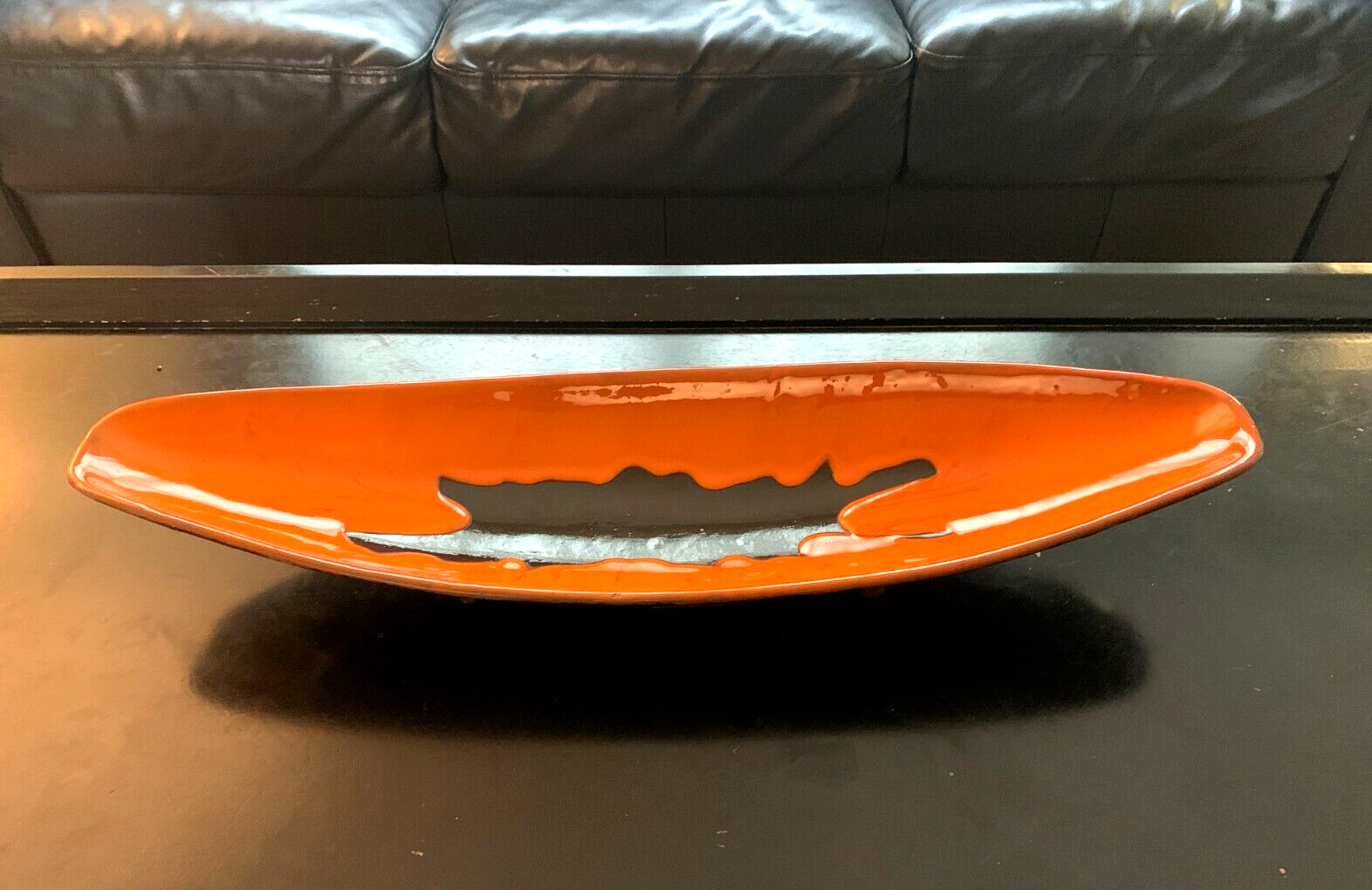 Chalvignac MCM Footed Orange Black Lava Drip Pottery Dish 25\