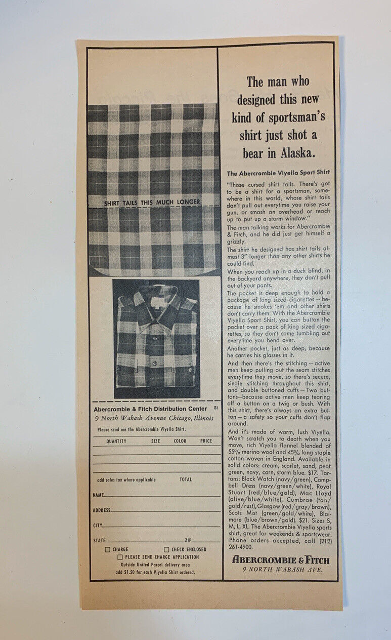 1968 Abercrombie & Fitch Print Ad Original Viyella Sport Shirt Wool Flannel