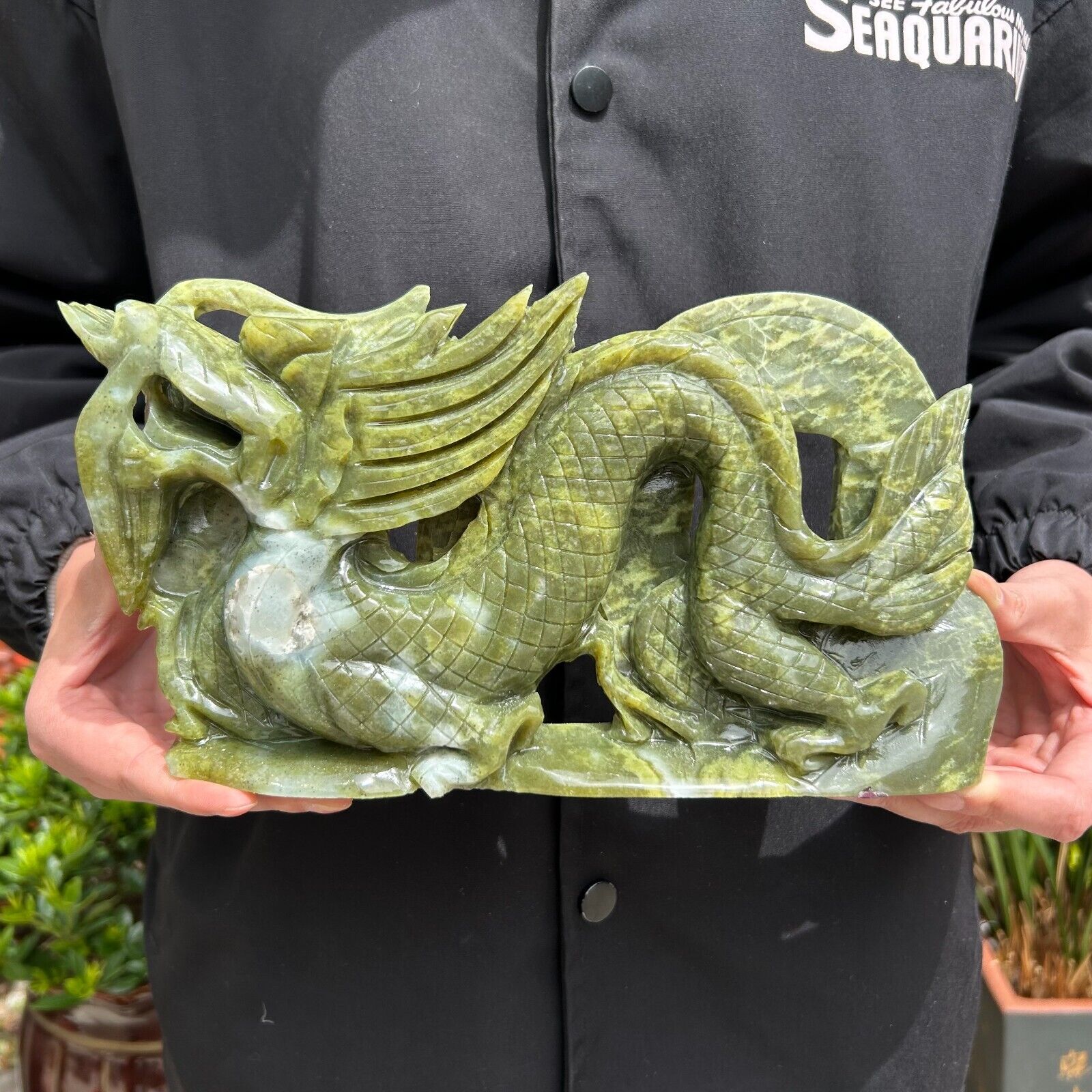 3.7LB 9.4'' Natural Xiuyan Jade Dragon Sculpture Quartz Crystal Carving Decor