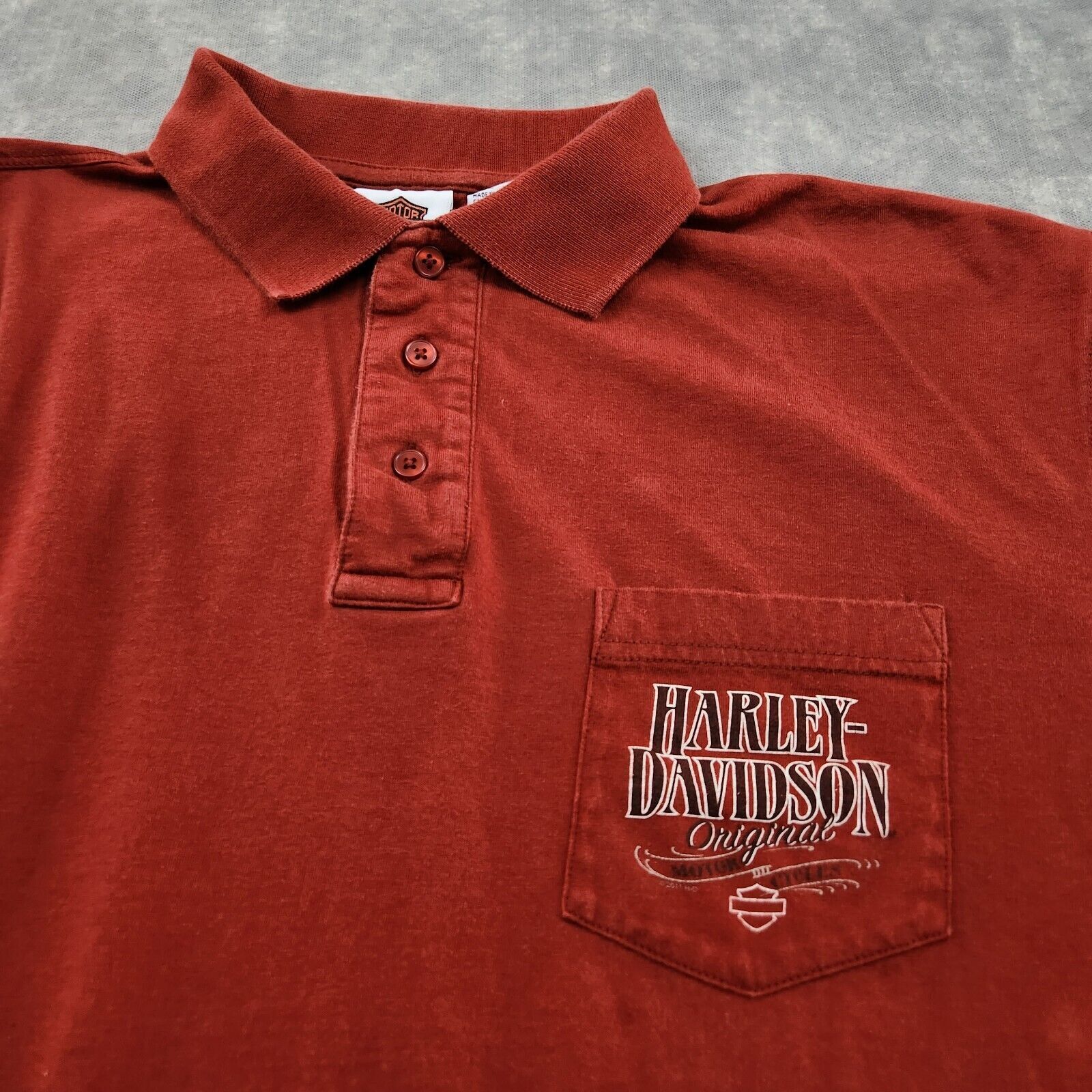 Harley Davidson Shirt Large Red Short Sleeve Polo Pocket Logo Organic Cotton
