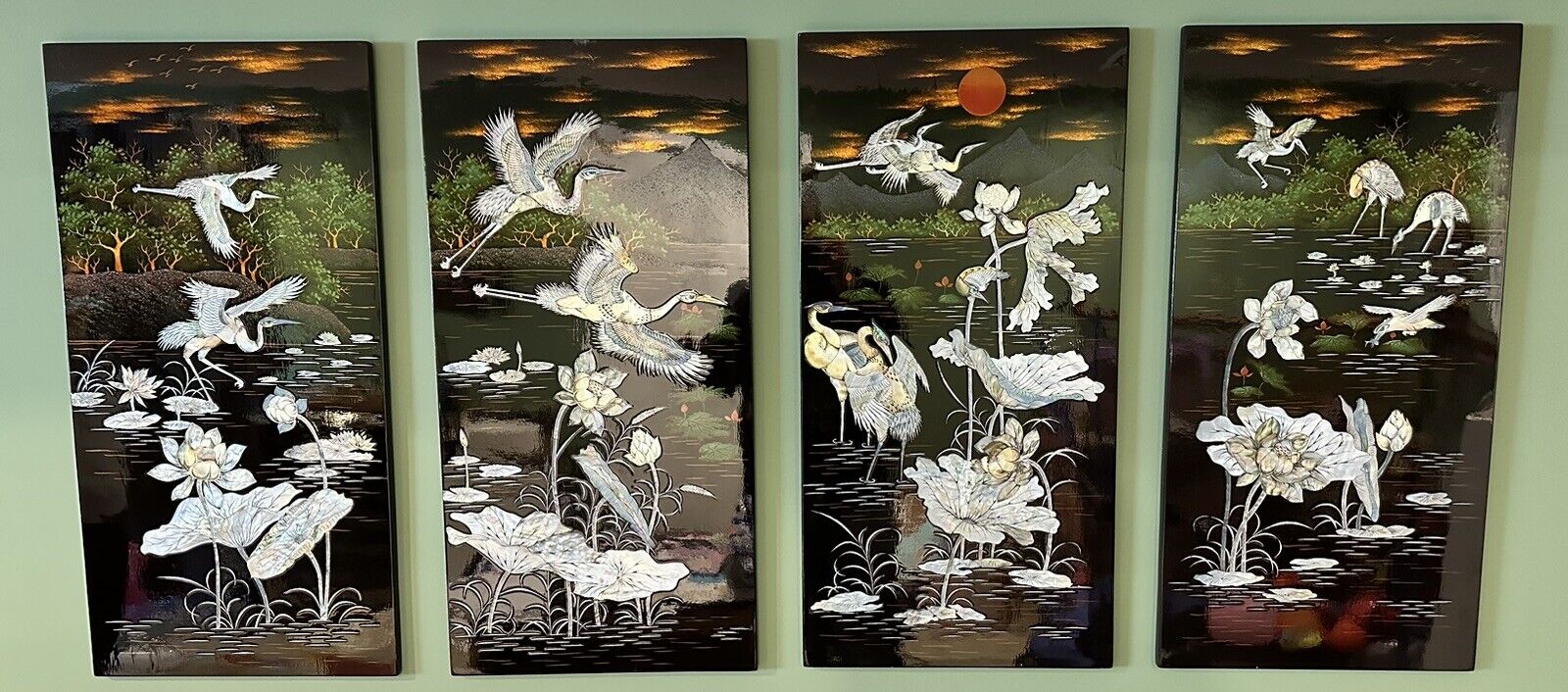 Oriental Shell Art Black Lacquer Wall Hangings 4 Panels 15.75\