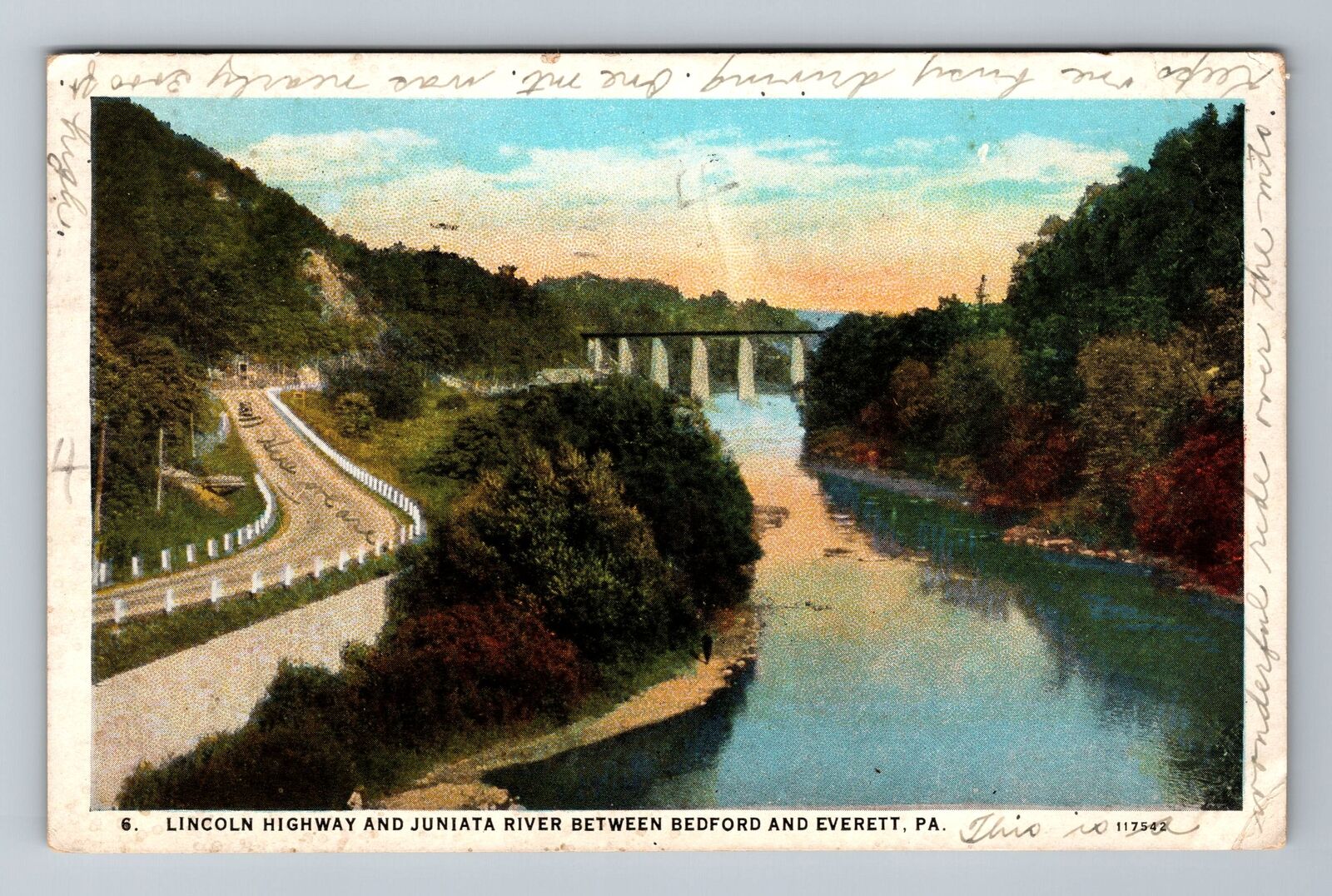 Bedford PA-Pennsylvania Lincoln Highway & Juniata River c1928 Vintage Postcard